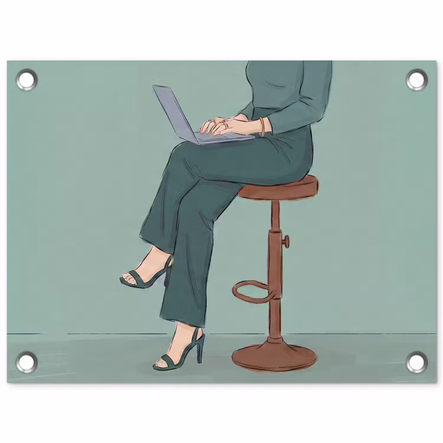 Vrouw - Laptop - Zittend - Illustratie - Groen tuinposter los doek klein -3d