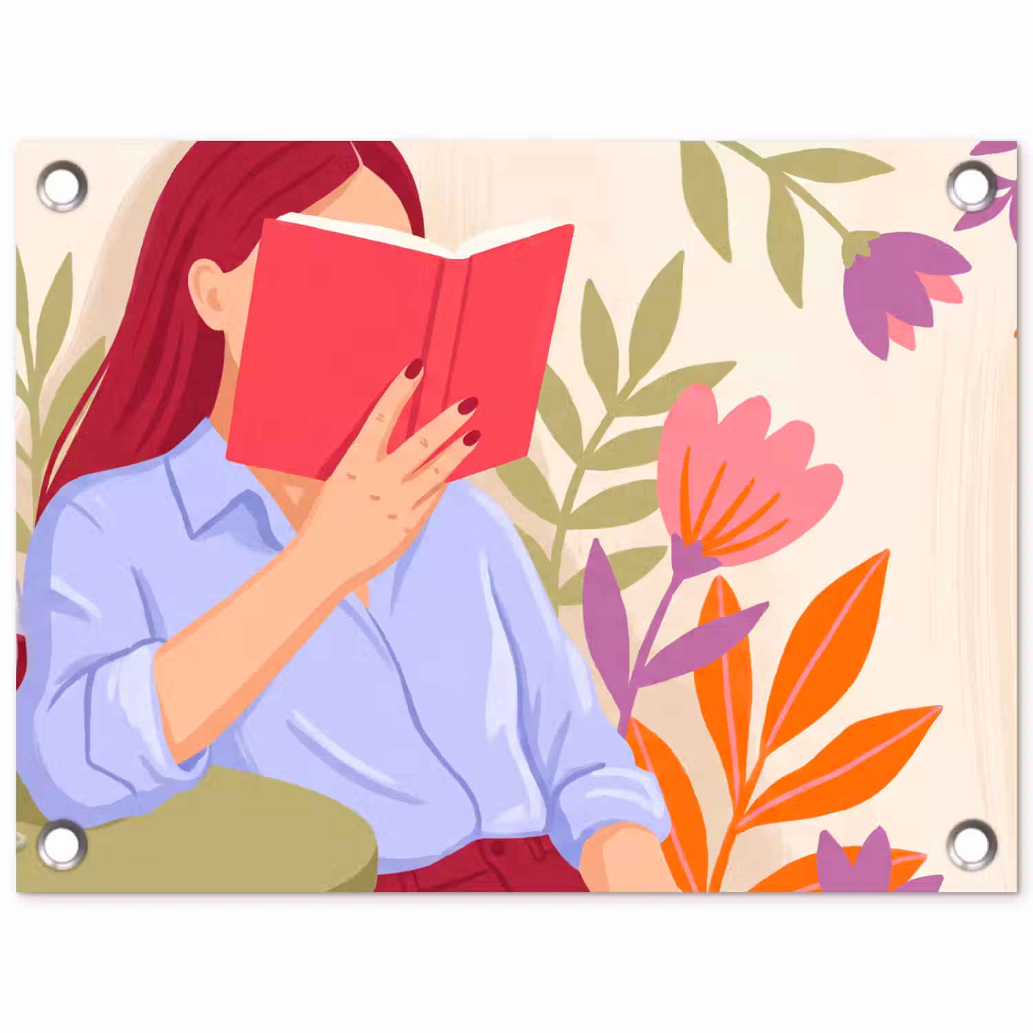 Vrouw - Lezen - Thuis - Modern - Bloemen tuinposter los doek klein -3d