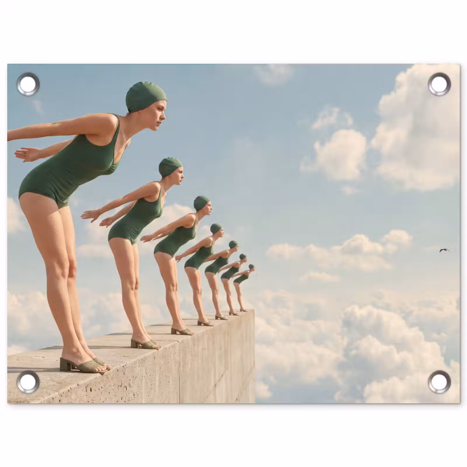 Gartenposter - Frauen – Tauchhaltung – Wolken - Vrouwen - Duikhouding - Wolken tuinposter los doek klein