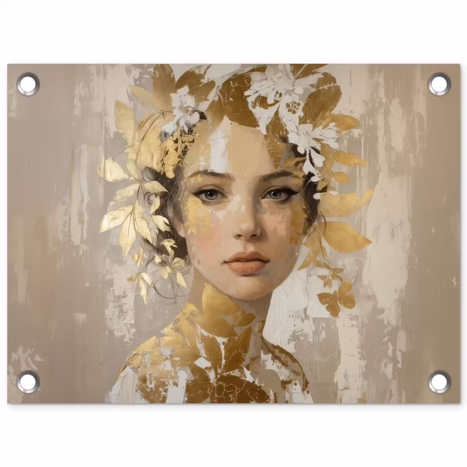Gezicht - Vrouw - Bladeren - Goud tuinposter los doek klein -3d