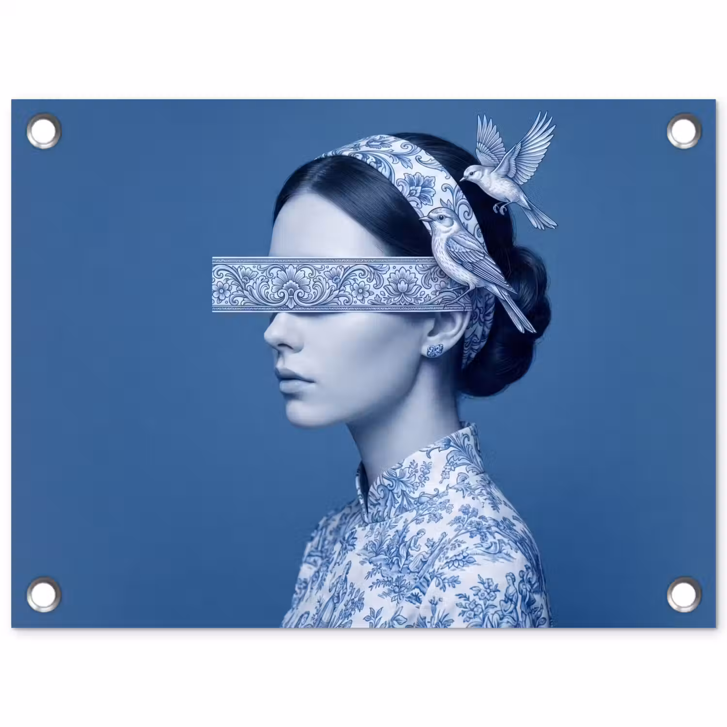 Portret - Klassiek - Wit - Blauw tuinposter los doek klein -3d