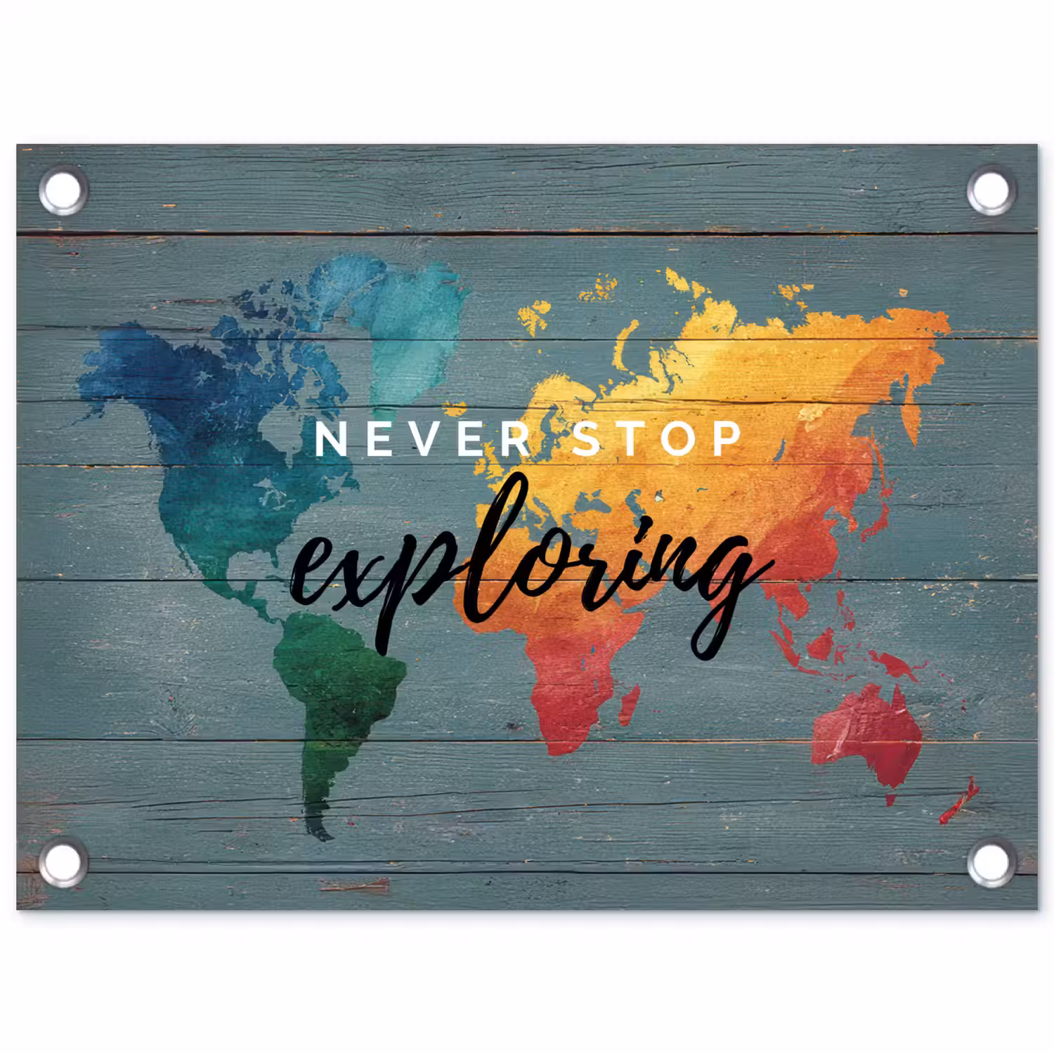 Hout - Wereldkaart - Regenboog - Exploring tuinposter los doek klein -3d