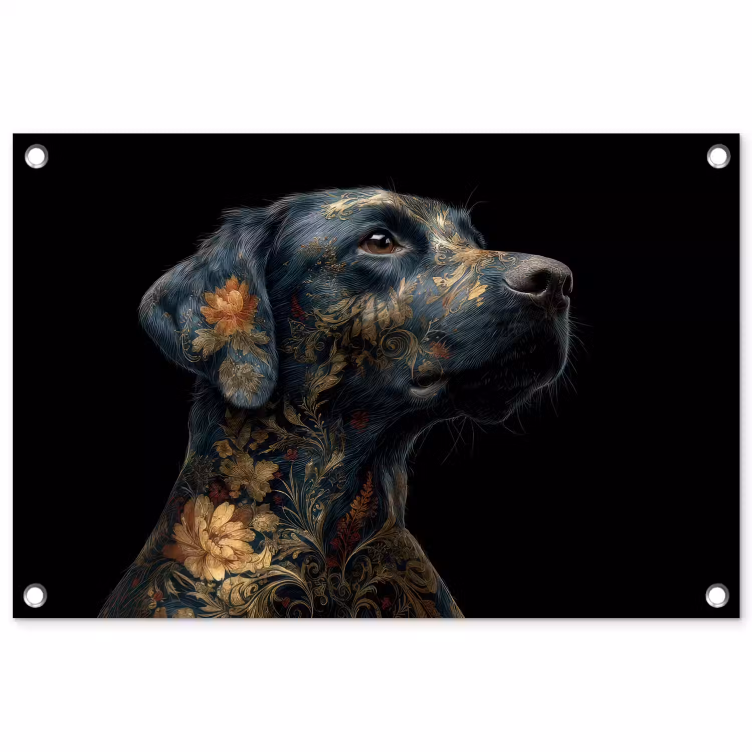 Hond - Zwart - Bloemen tuinposter los doek klein -3d