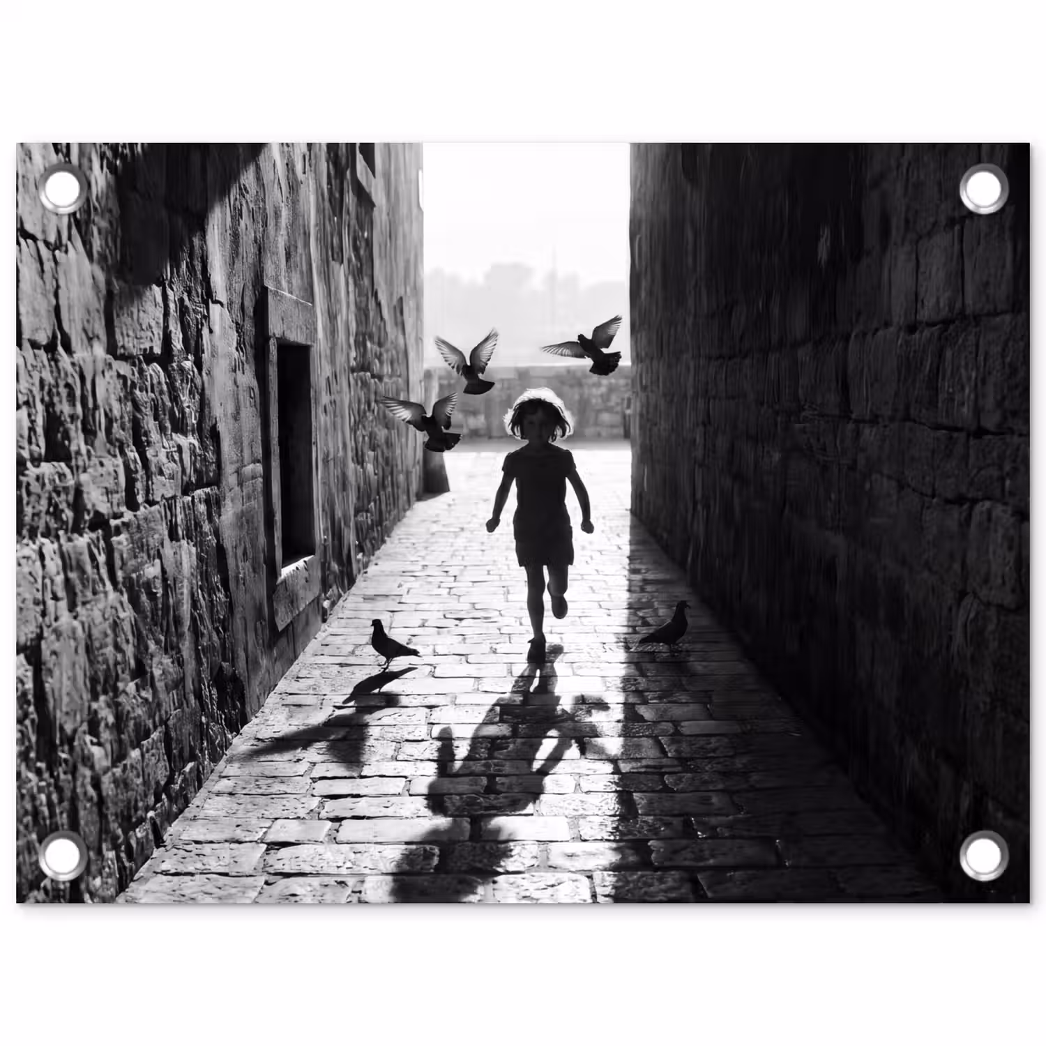 Kind - Vogel - Straat - Zwart-wit - Spelen tuinposter los doek klein -3d