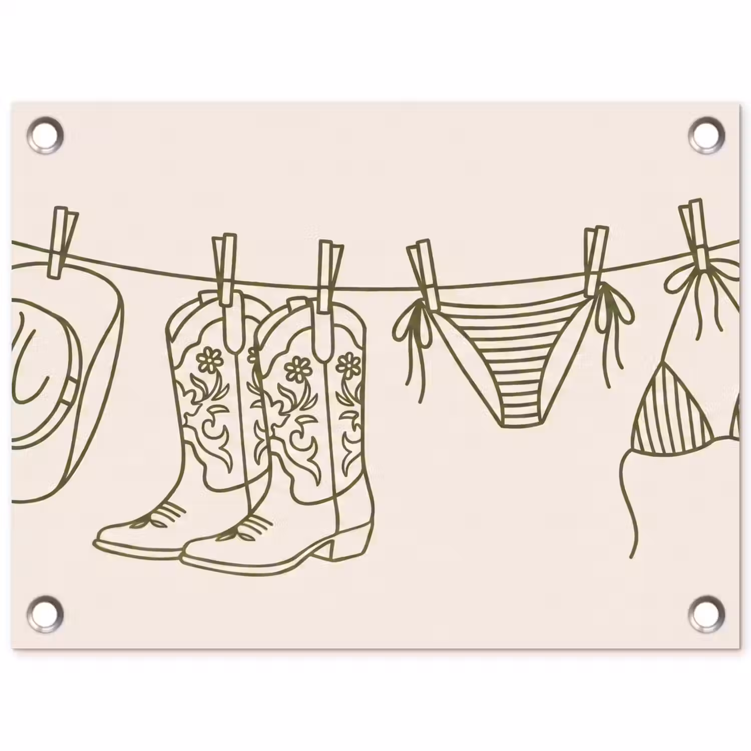 Kleding - Waslijn - Zomer - Lijntekening - Groen tuinposter los doek klein -3d