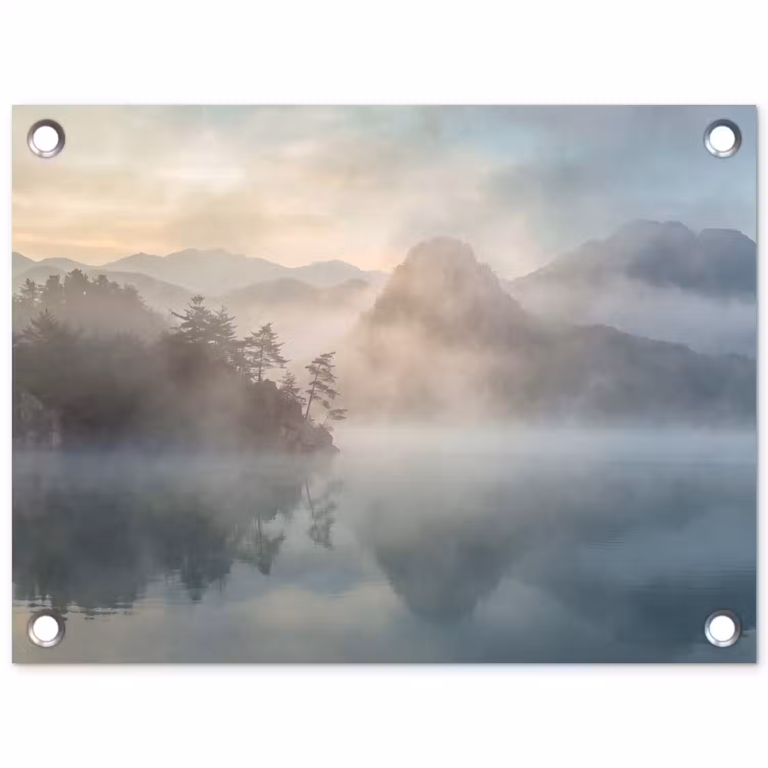 Landschap - Bergen - Mist - Water - Natuur tuinposter los doek klein -3d