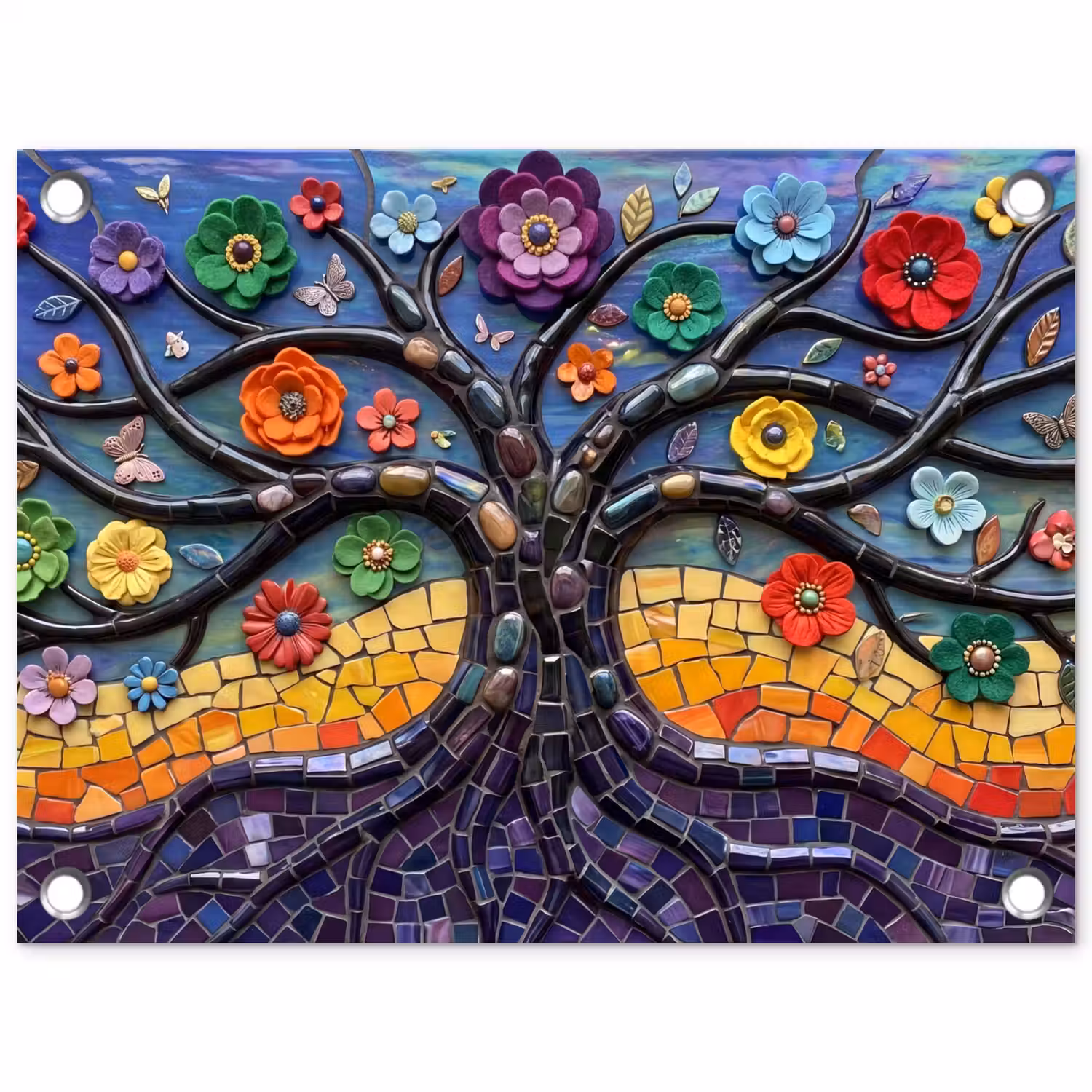 Levensboom - Mozaïek - Bloemen - Kleurrijk - Vrolijk tuinposter los doek klein -3d