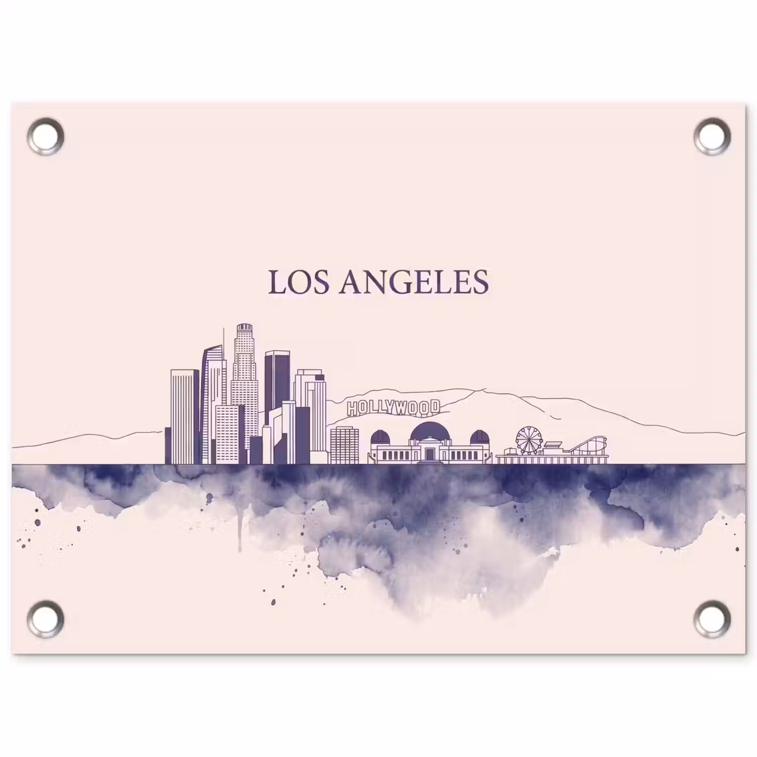 Los Angeles - Skyline - Architectuur - Aquarel - Blauw tuinposter los doek klein -3d