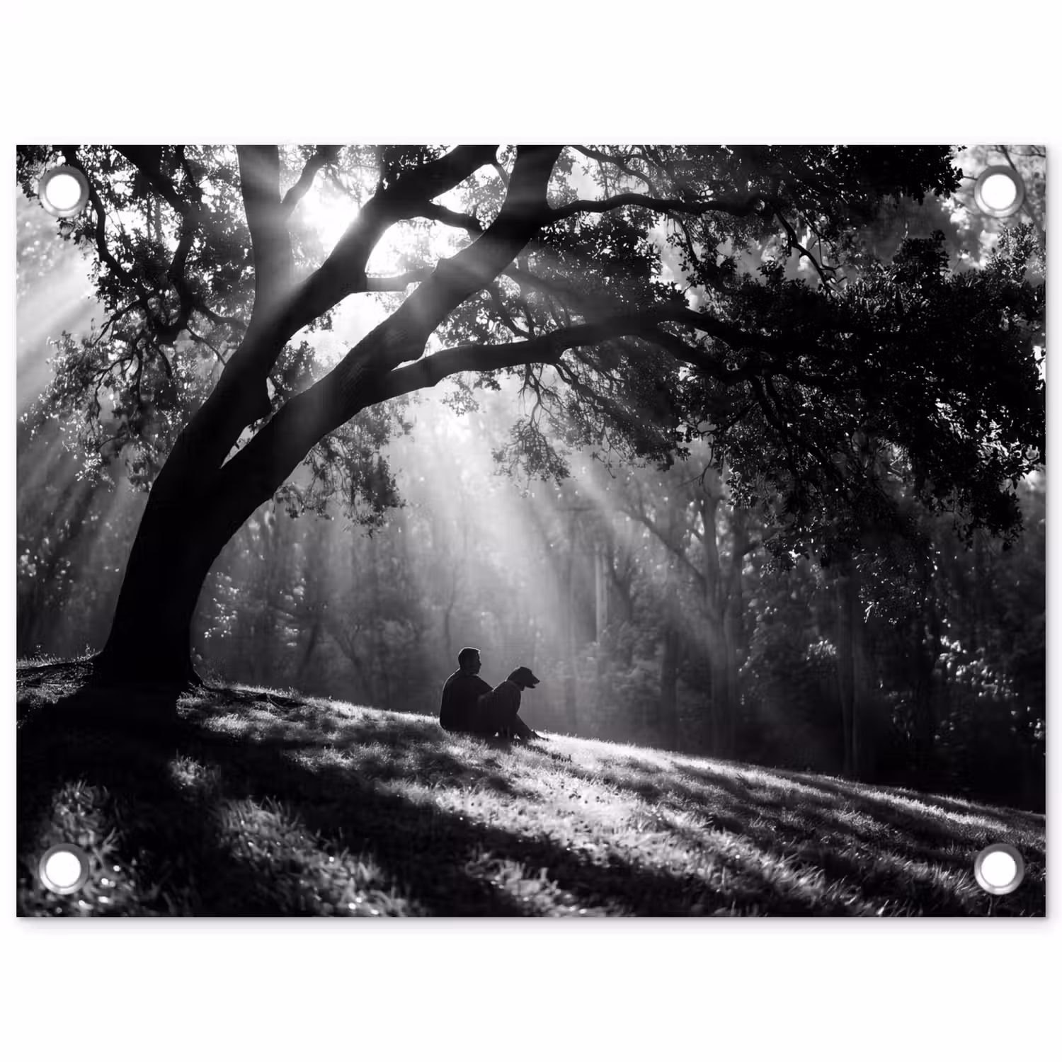 Mens - Hond - Natuur - Zwart-wit - Silhouet tuinposter los doek klein -3d