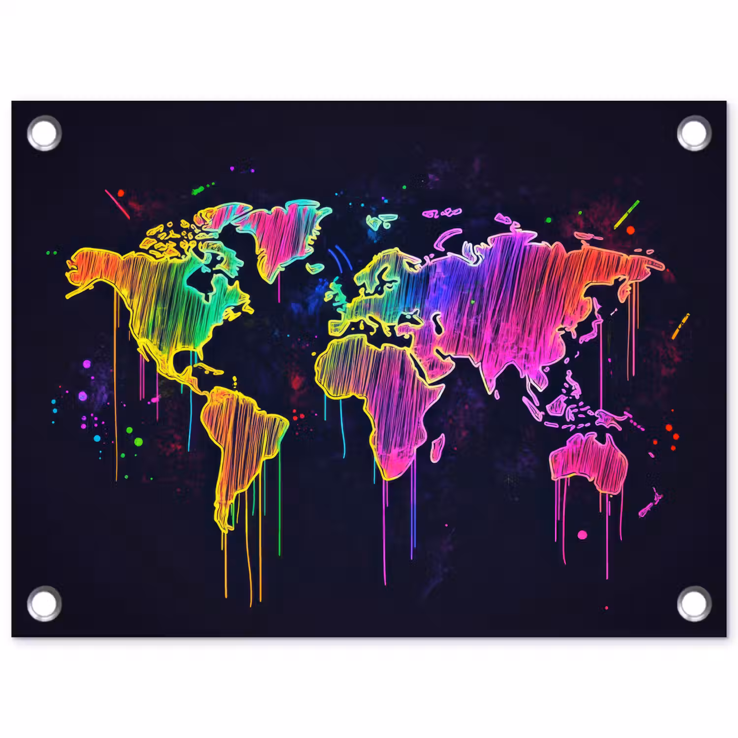 Neon - Wereldkaart - Kleur - Drip tuinposter los doek klein -3d