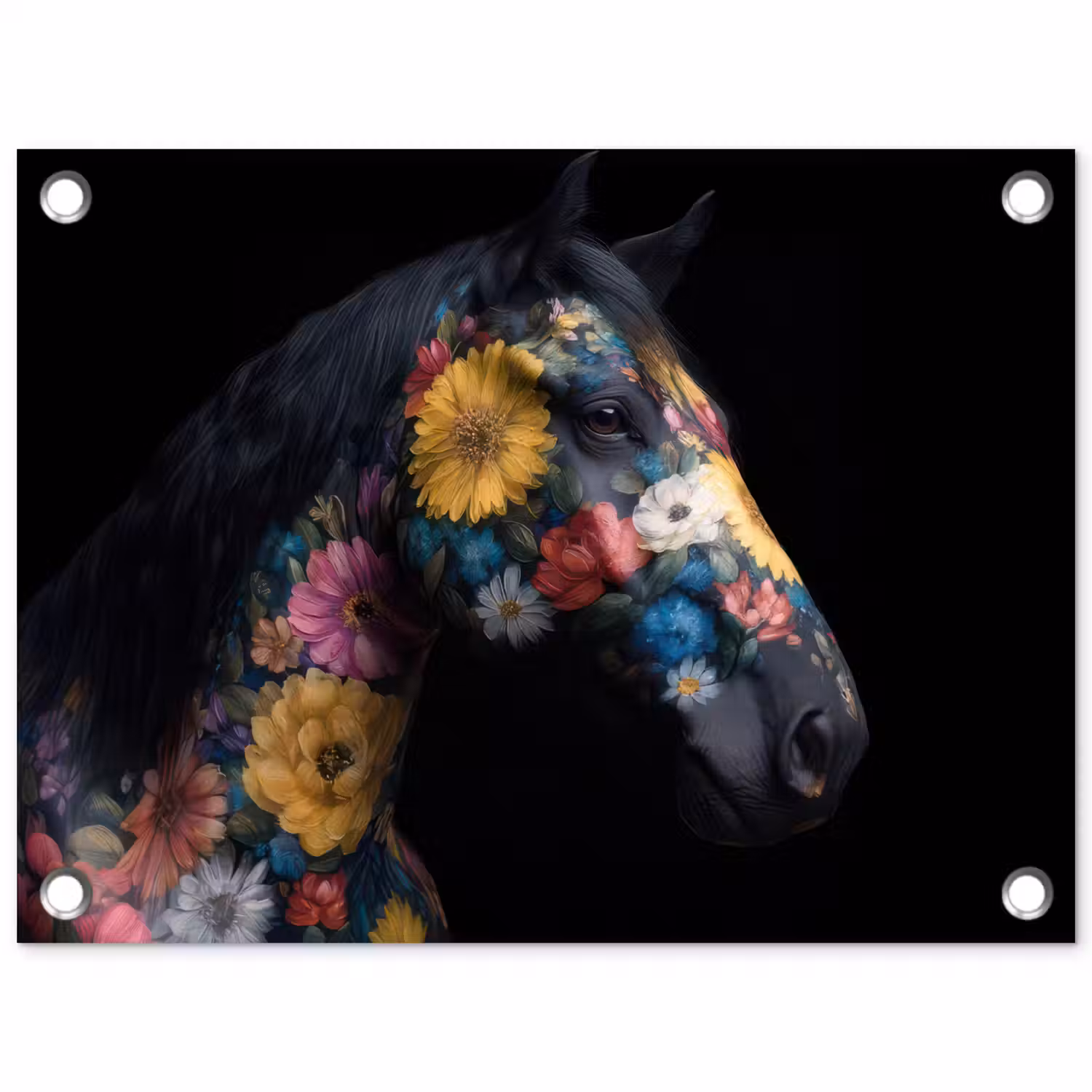 Paard - Bloemen - Zwart tuinposter los doek klein -3d