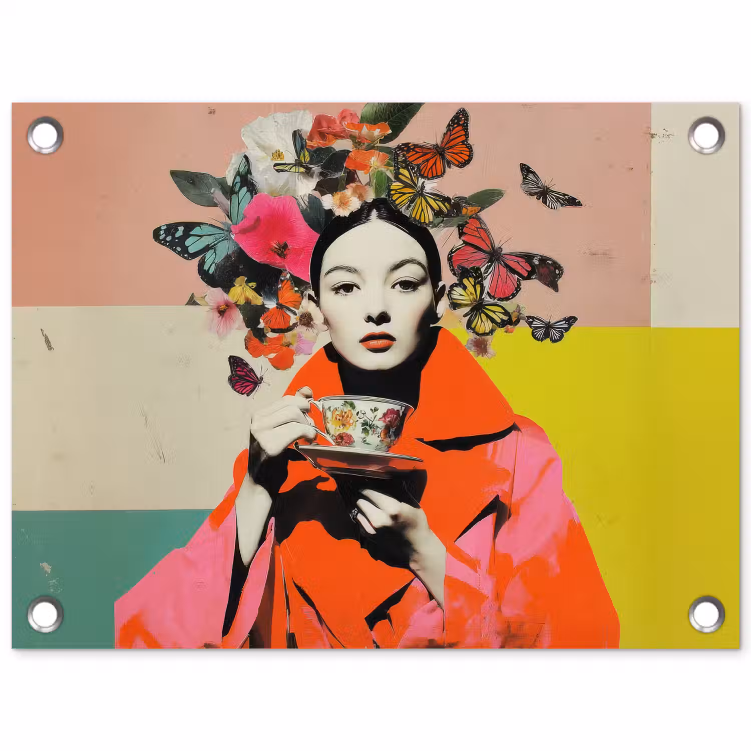 Retro - Vrouw - Kopje - Vlinders tuinposter los doek klein -3d