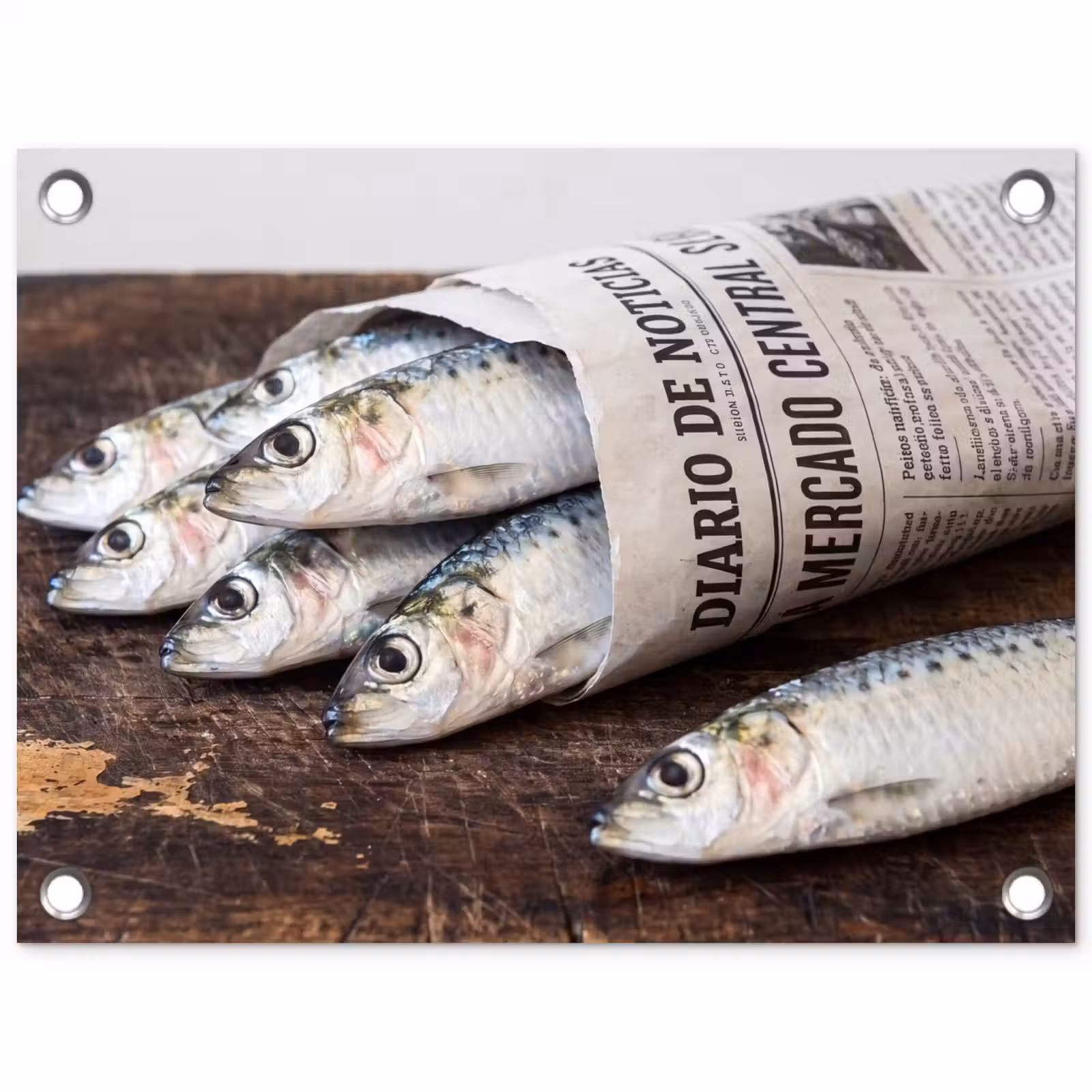 Gartenposter - Sardine – Zeitung – Schneidebrett - Sardientje - krant - snijplank tuinposter los doek klein