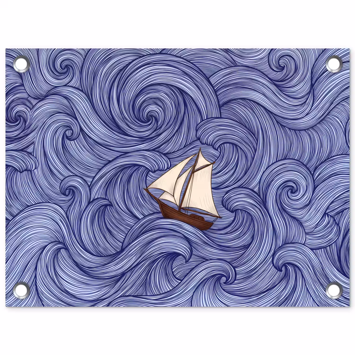 Schip - Golven - Zee - Illustratie - Blauw tuinposter los doek klein -3d