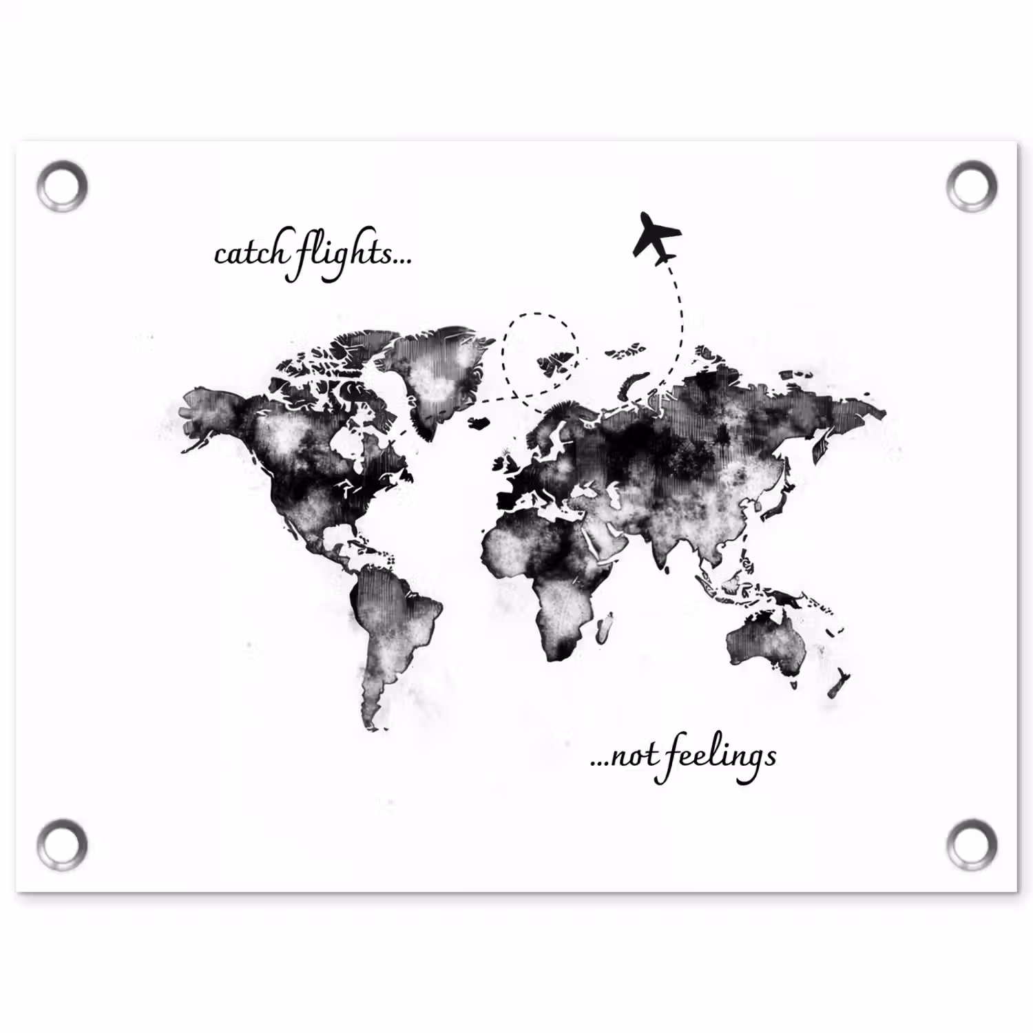 Zwart - Quote - Wereldkaart - Vliegen tuinposter los doek klein -3d