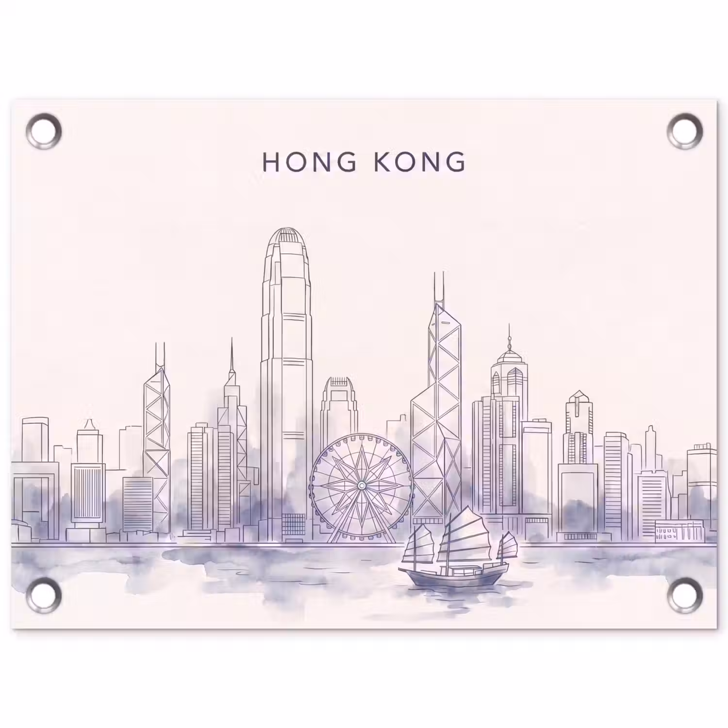Stad - Skyline - Water - Lijntekening - Blauw tuinposter los doek klein -3d