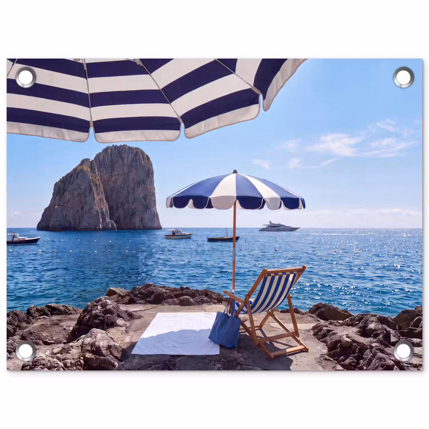 Strand - Ligstoel - Parasol - Zomer - Blauw tuinposter los doek klein -3d