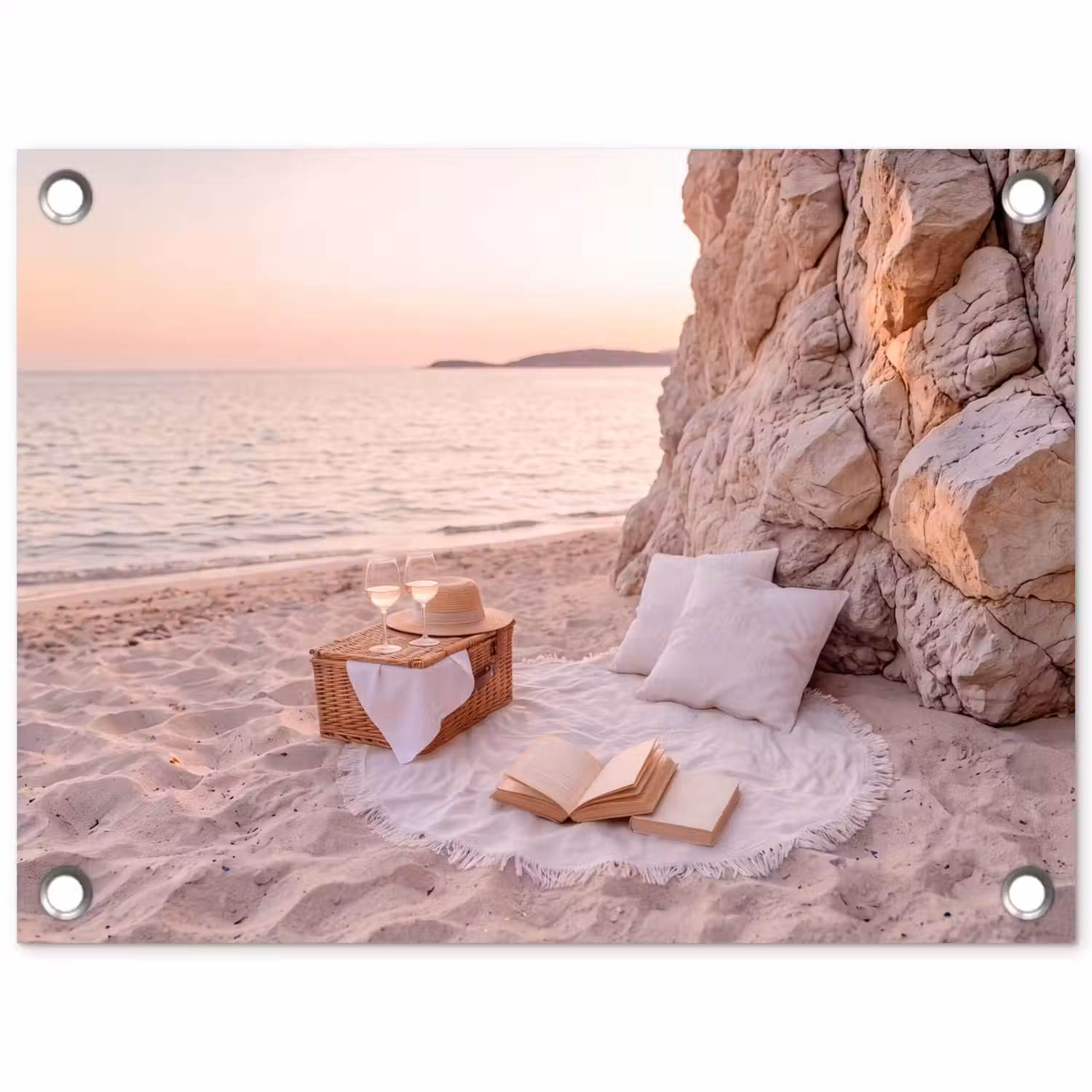 Strand - Picknick - Zonsondergang - Zomer - Natuur tuinposter los doek klein -3d