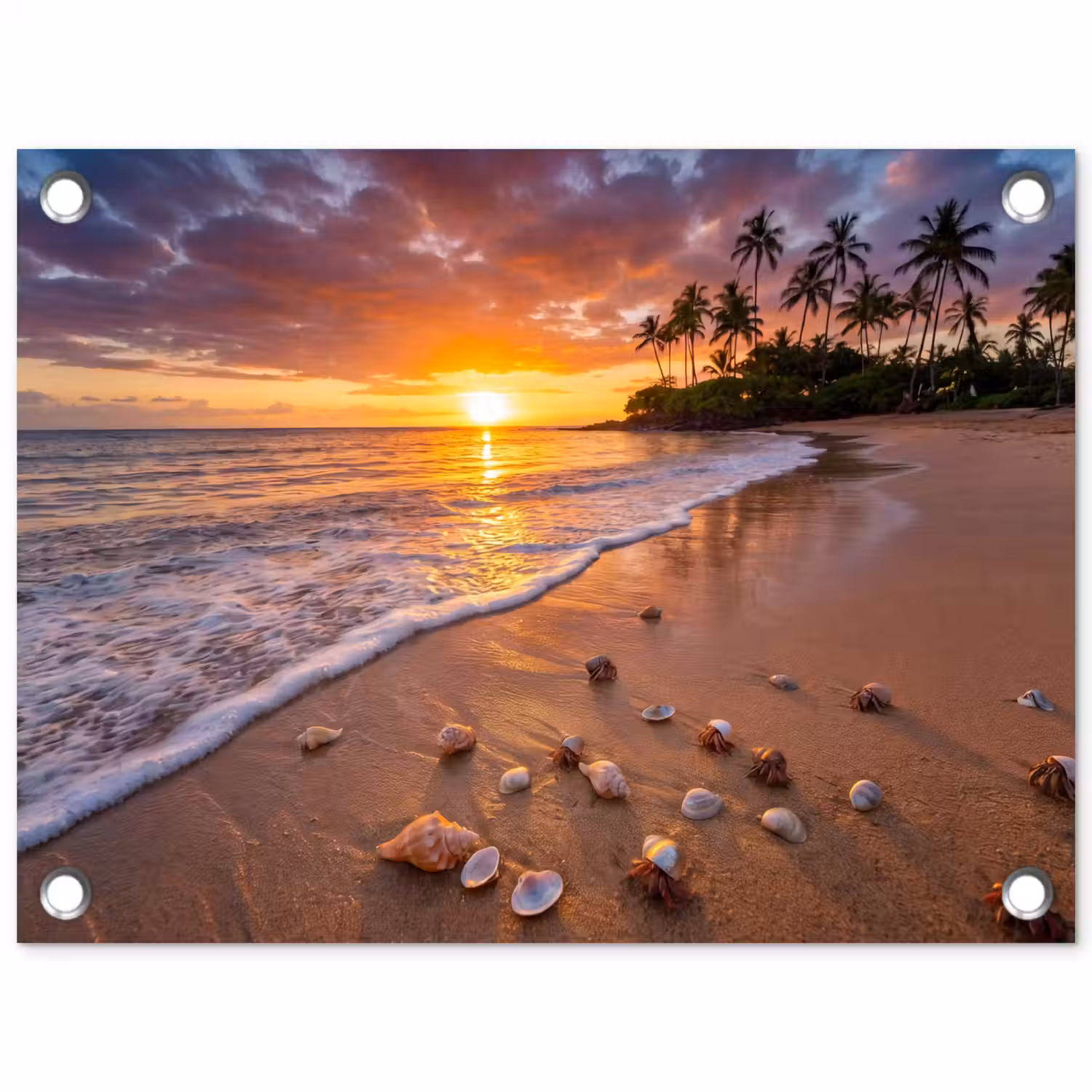 Strand - Zonsondergang - Palmbomen - Natuur - Oranje tuinposter los doek klein -3d
