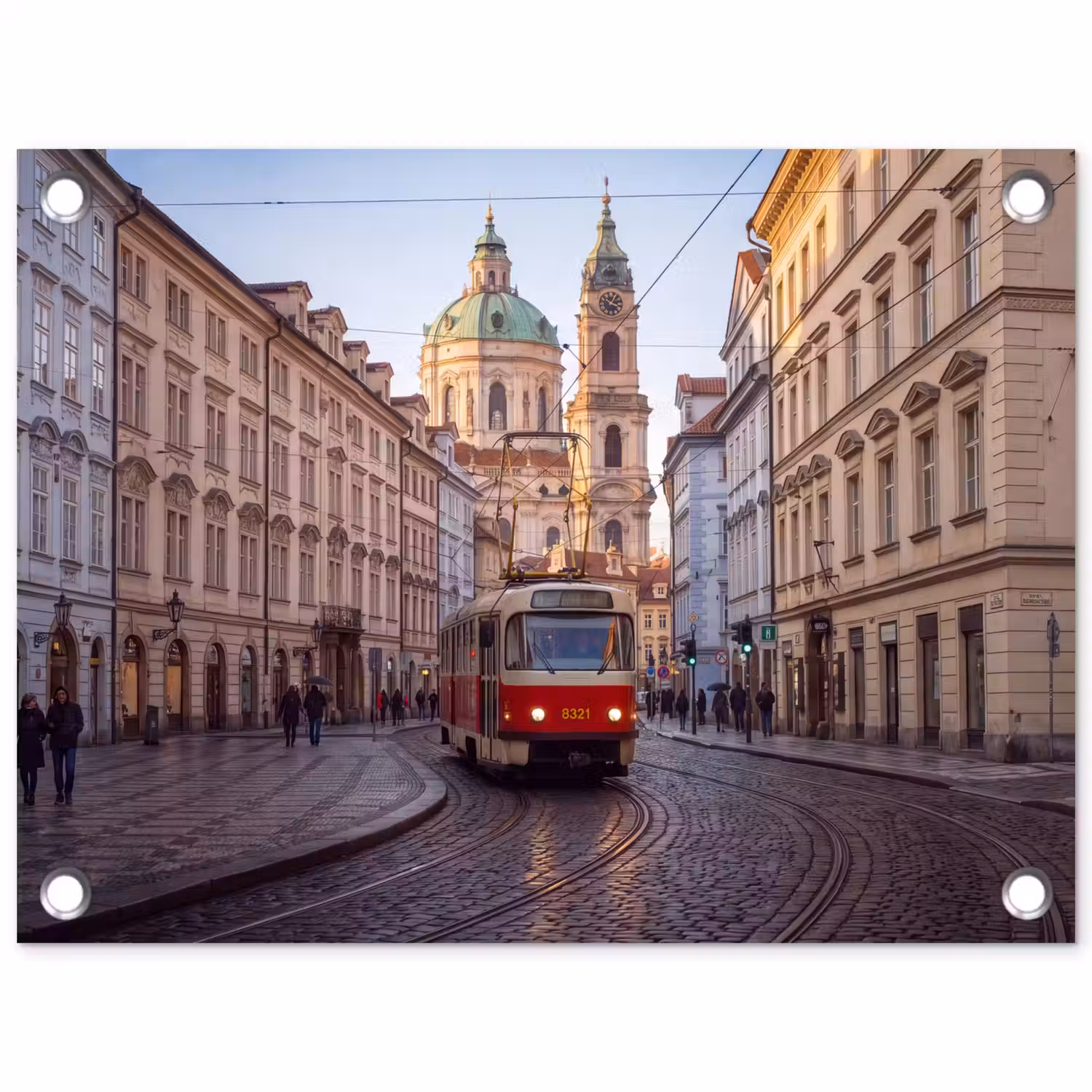Tram - Straat - Stadsgezicht - Klassiek - Rood tuinposter los doek klein -3d