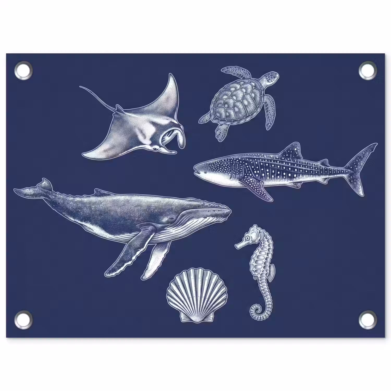 Dieren - Zeeleven - Oceaan - Graveren - Blauw tuinposter los doek klein -3d