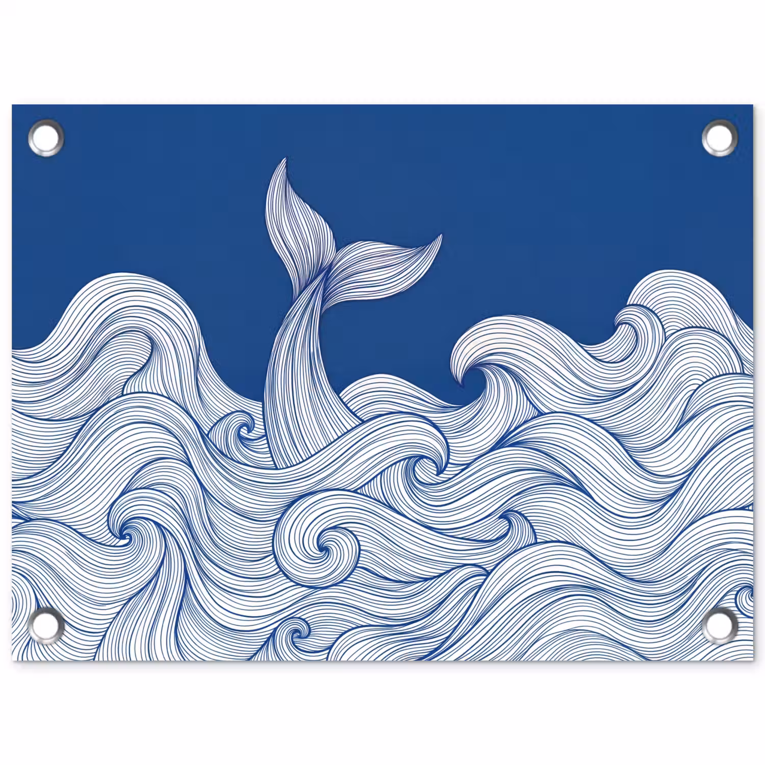 Walvis - Staart - Golven - Lijntekening - Blauw tuinposter los doek klein -3d