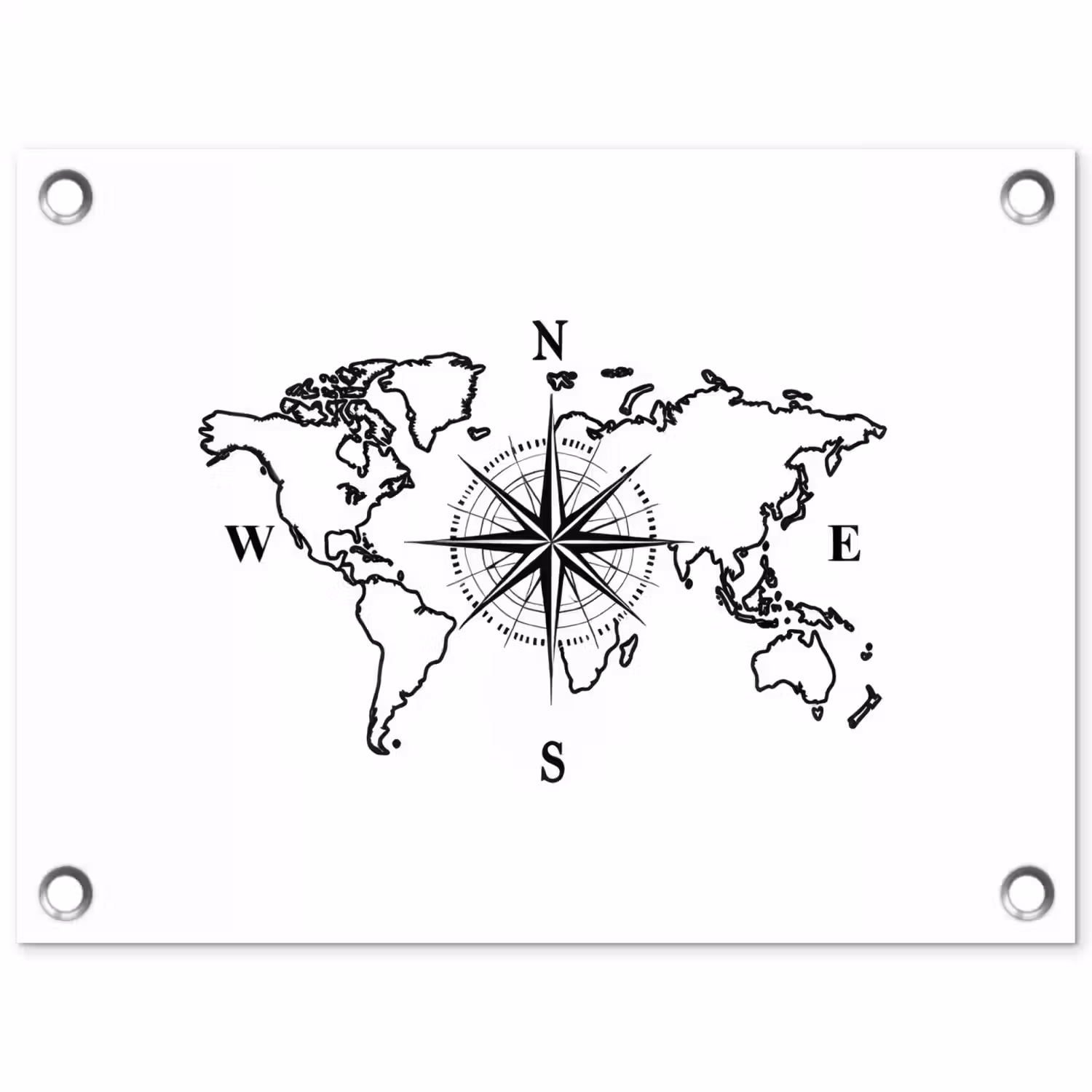 Wereldkaart - Kompas - Minimalistisch tuinposter los doek klein -3d