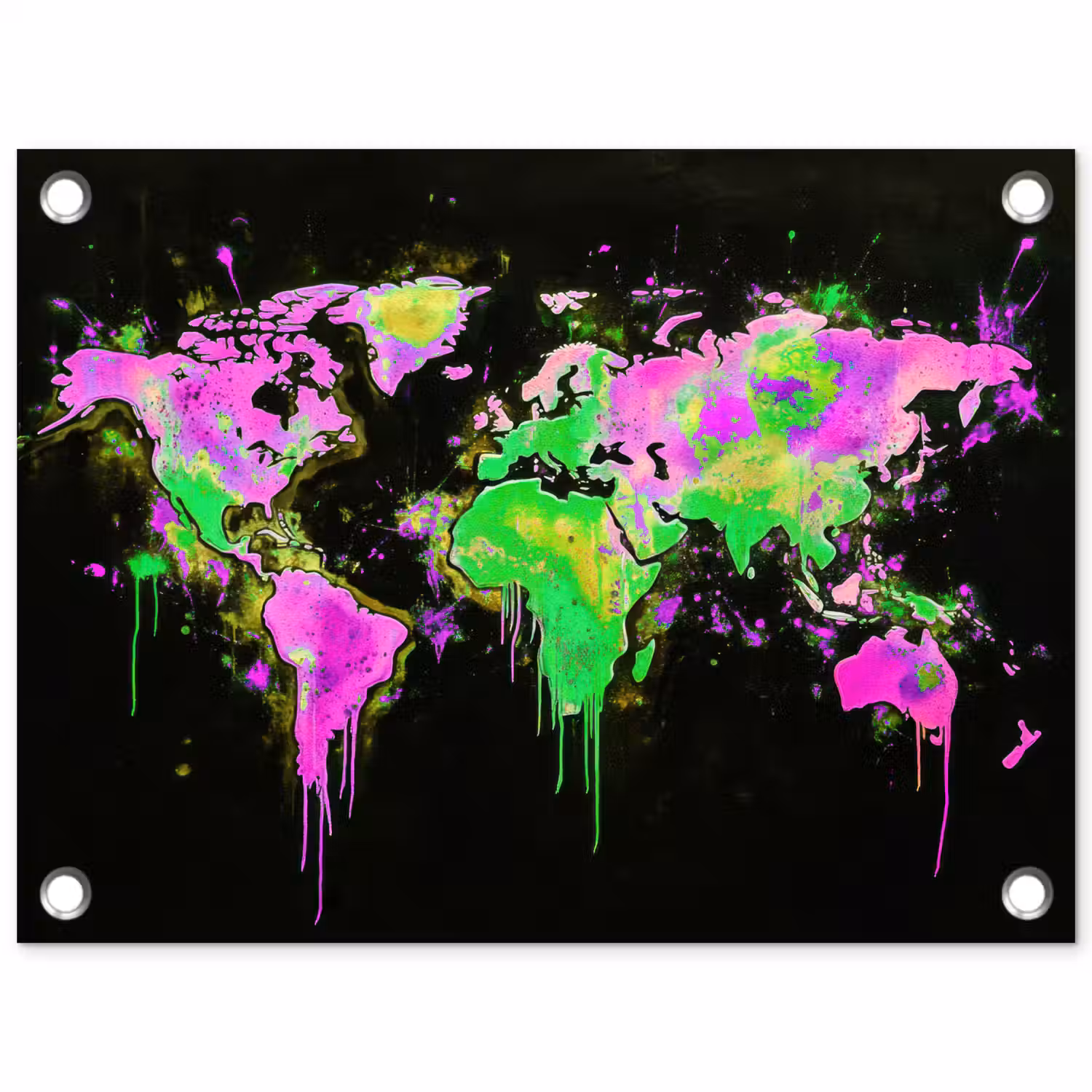 Wereldkaart - Neon - Groen - Roze tuinposter los doek klein -3d