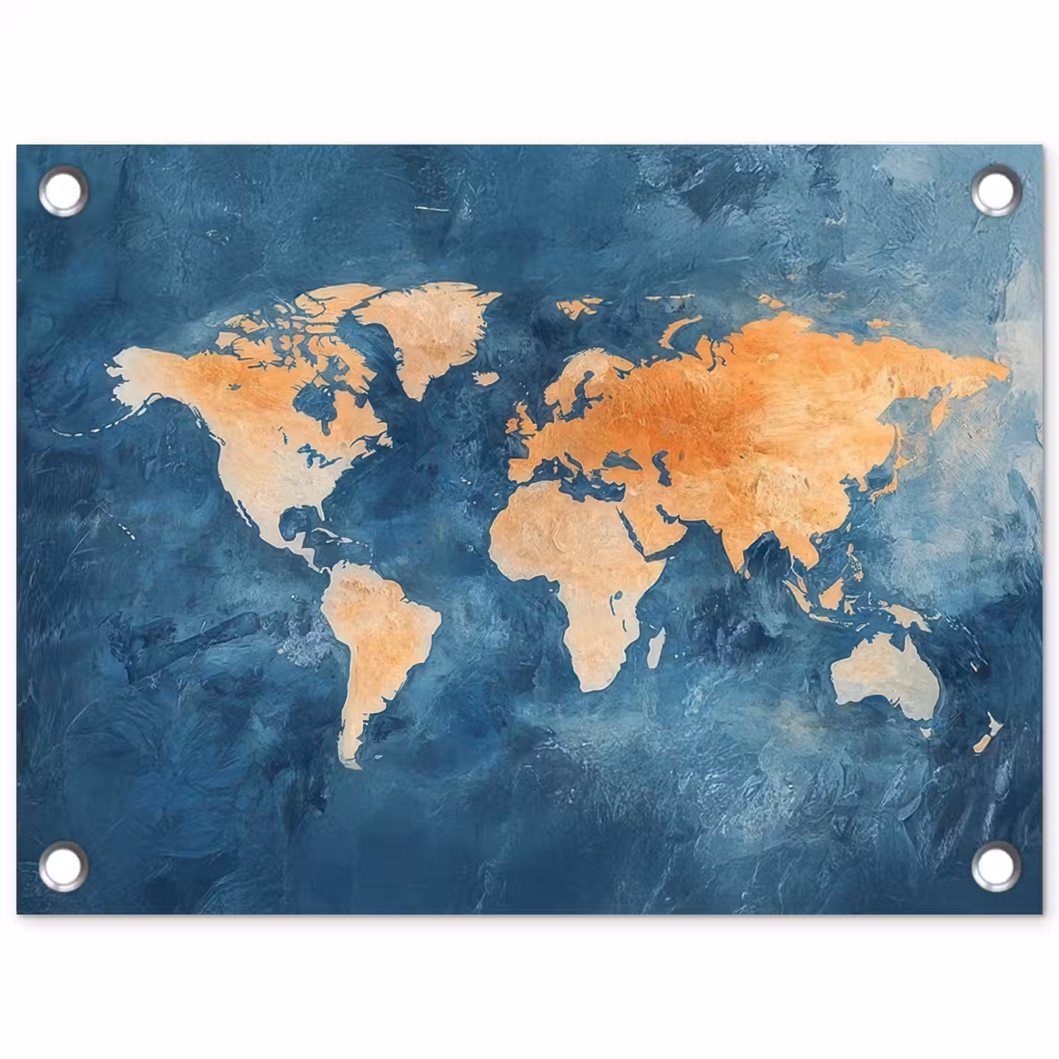 Wereldkaart - Olieverfschilderij - Blauw - Oranje tuinposter los doek klein -3d