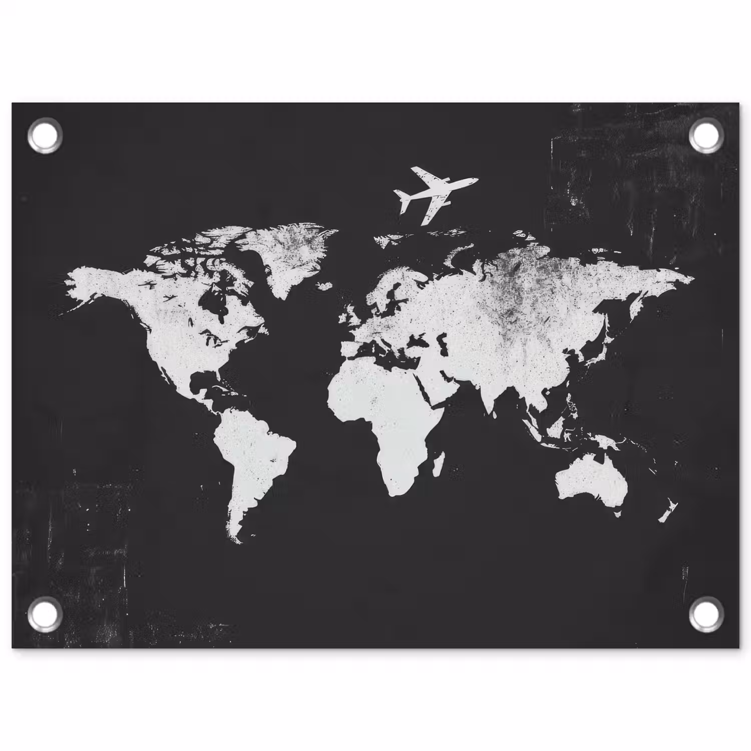 Wereldkaart - Zwart - Vliegtuig - Silhouet tuinposter los doek klein -3d