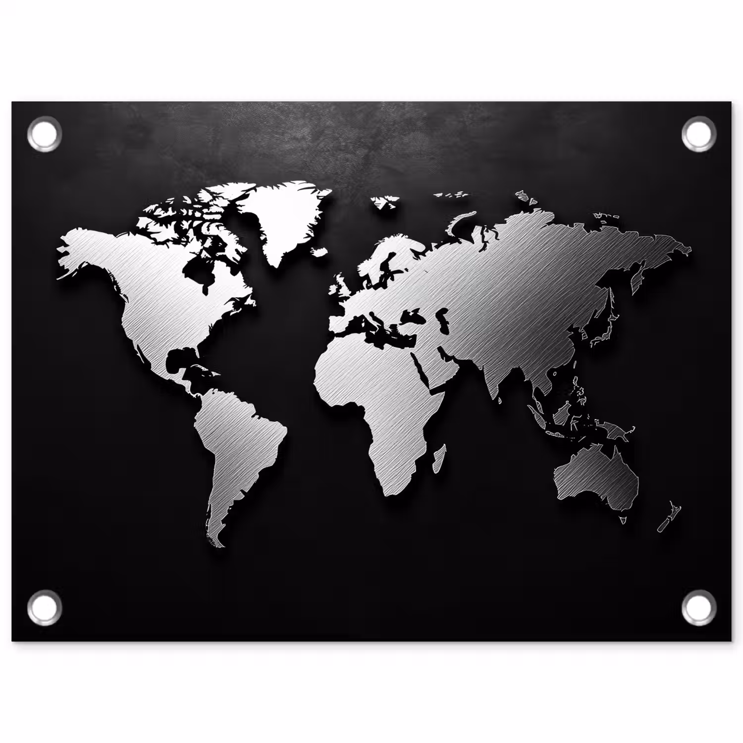 Wereldkaart - Zwart - Zilver - Metaal tuinposter los doek klein -3d