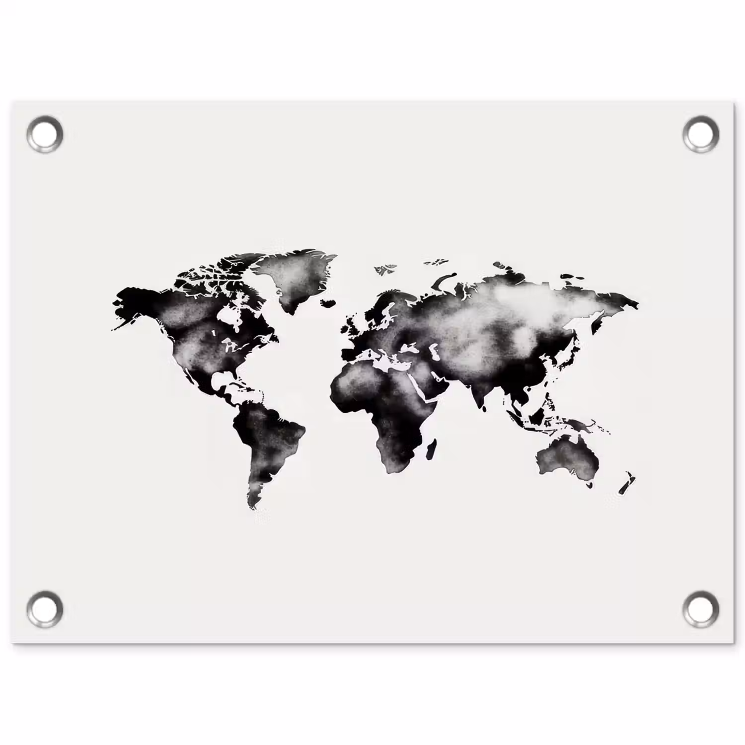 Wereldkaart - Zwart - Inktwassing tuinposter los doek klein -3d