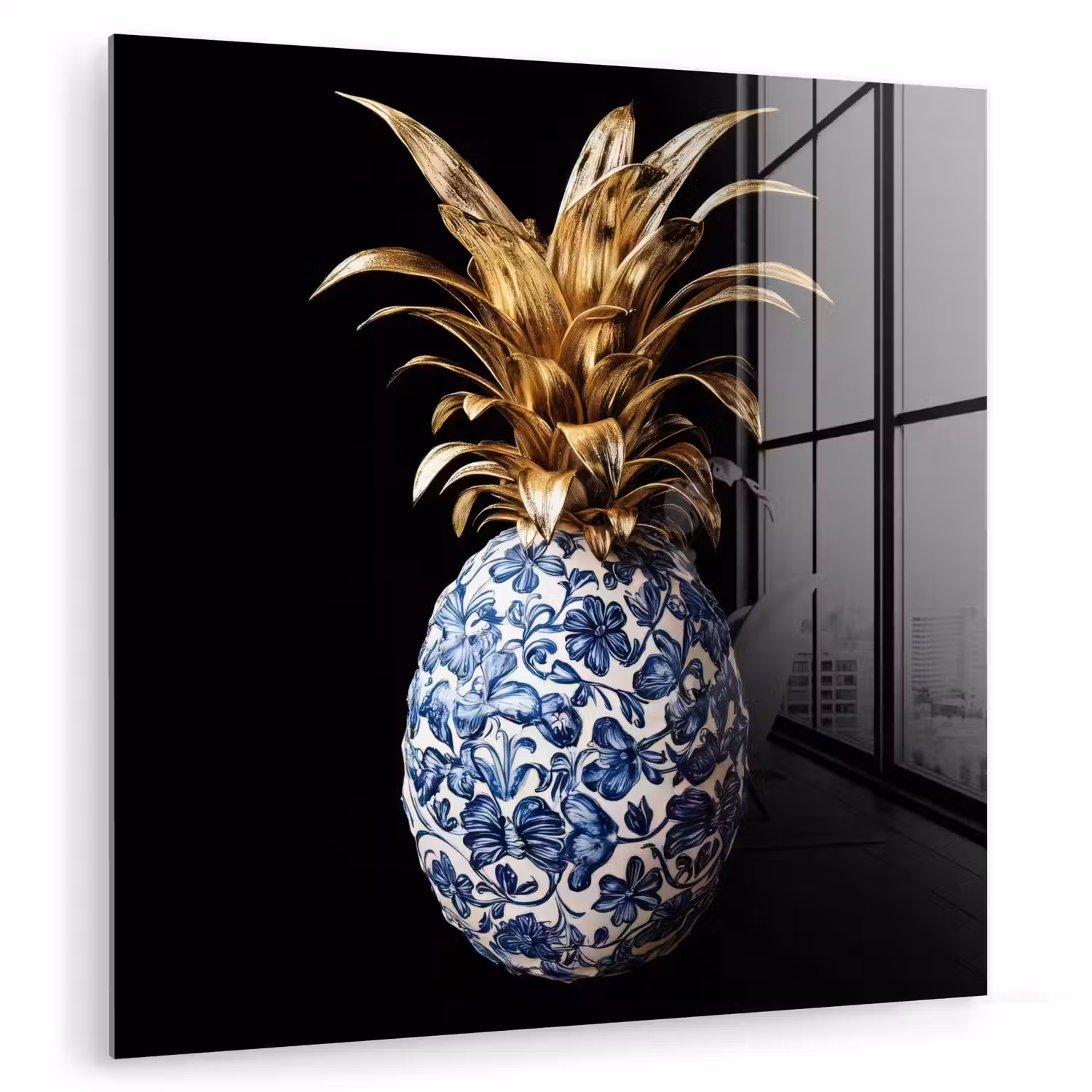 Ananas - Bloemen patroon - Goud - Delftsblauw plexiglas 5mm klein -zzzproduct_nieuw