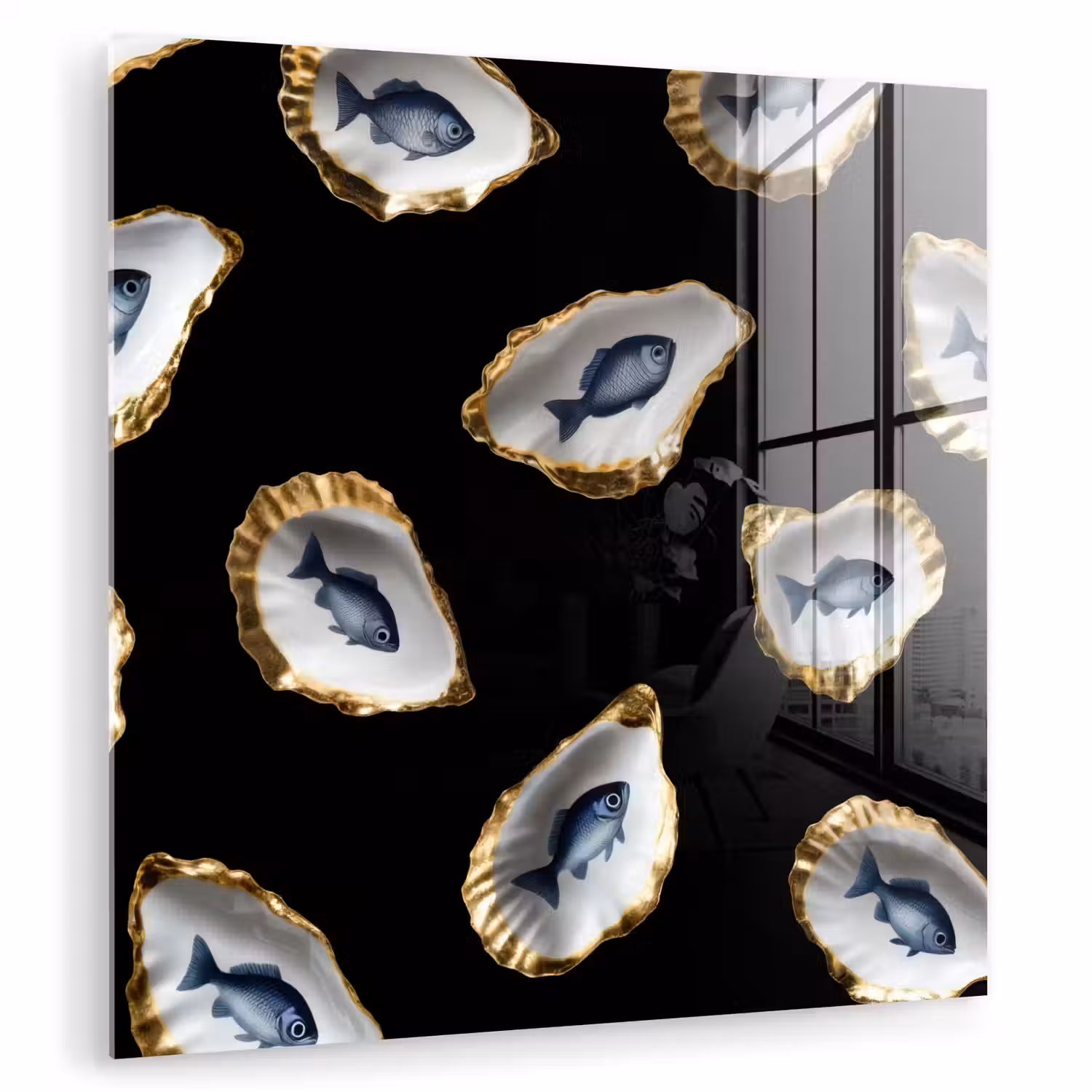 Oesters - Vissen - Blauw - Goud plexiglas 5mm klein -zzzproduct_nieuw