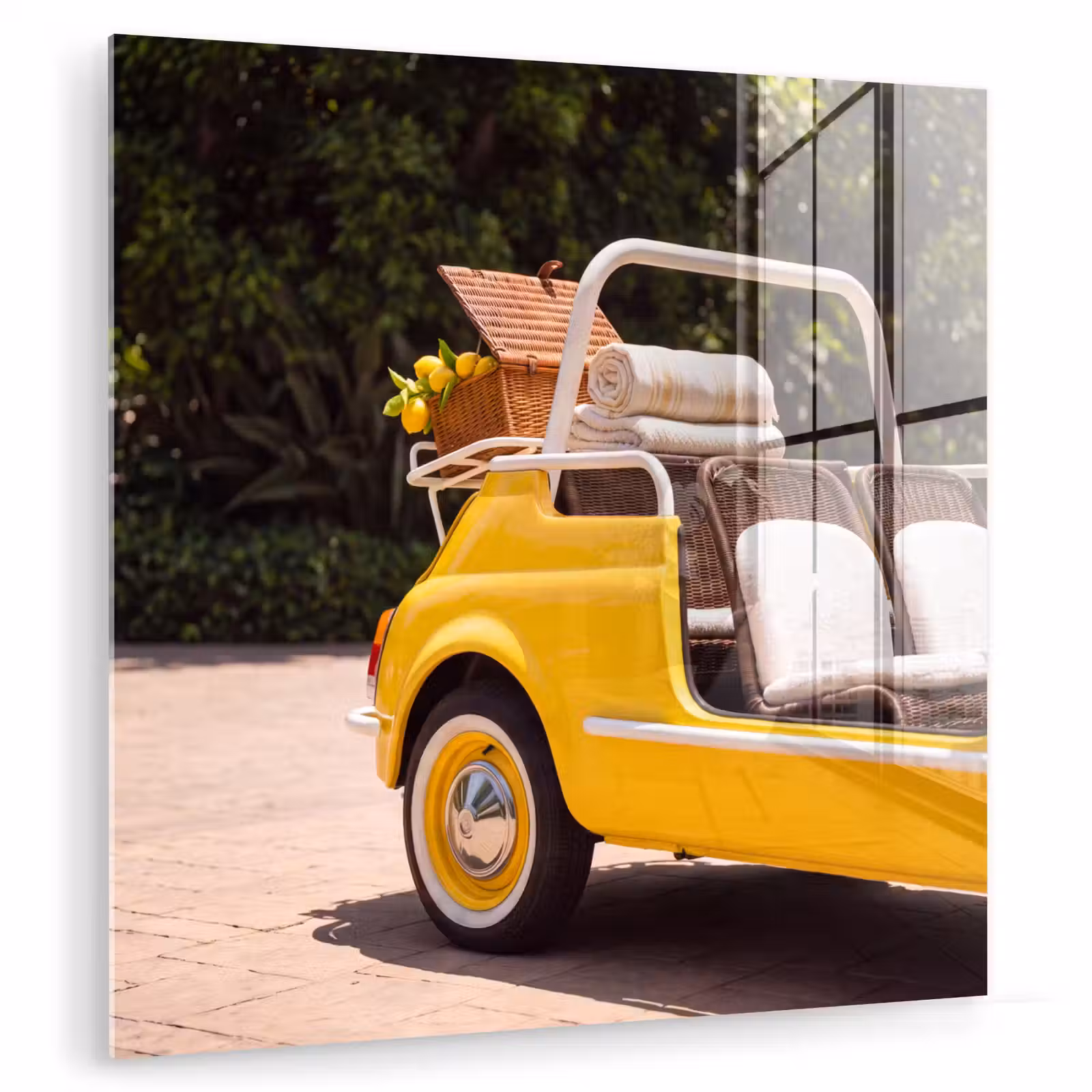 Glasbild - Auto – Picknick – Sommer – Gelb - Auto - Picknick - Zomer - Geel plexiglas 5mm klein