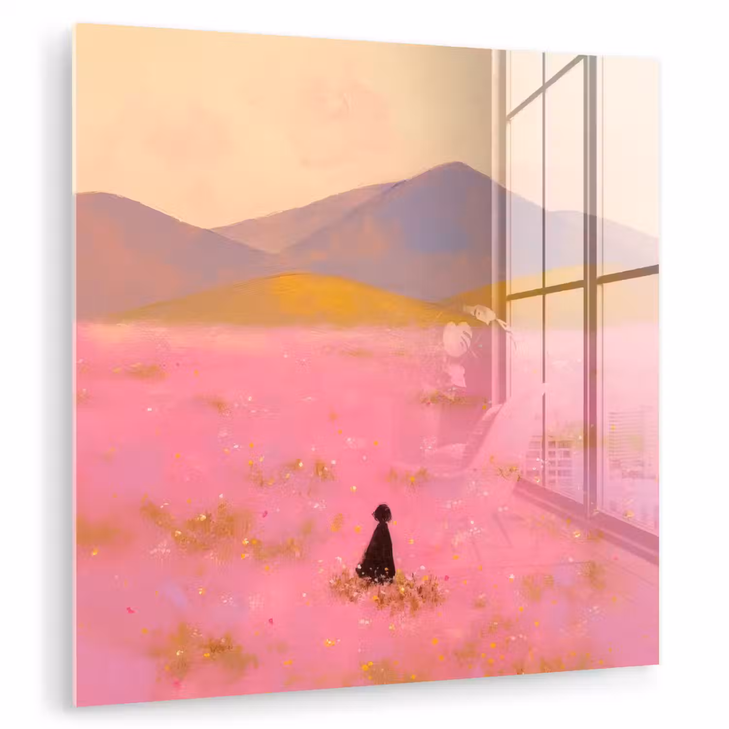 Bloemenweide - Heuvels - Silhouet - Roze plexiglas 5mm klein -zzzproduct_nieuw