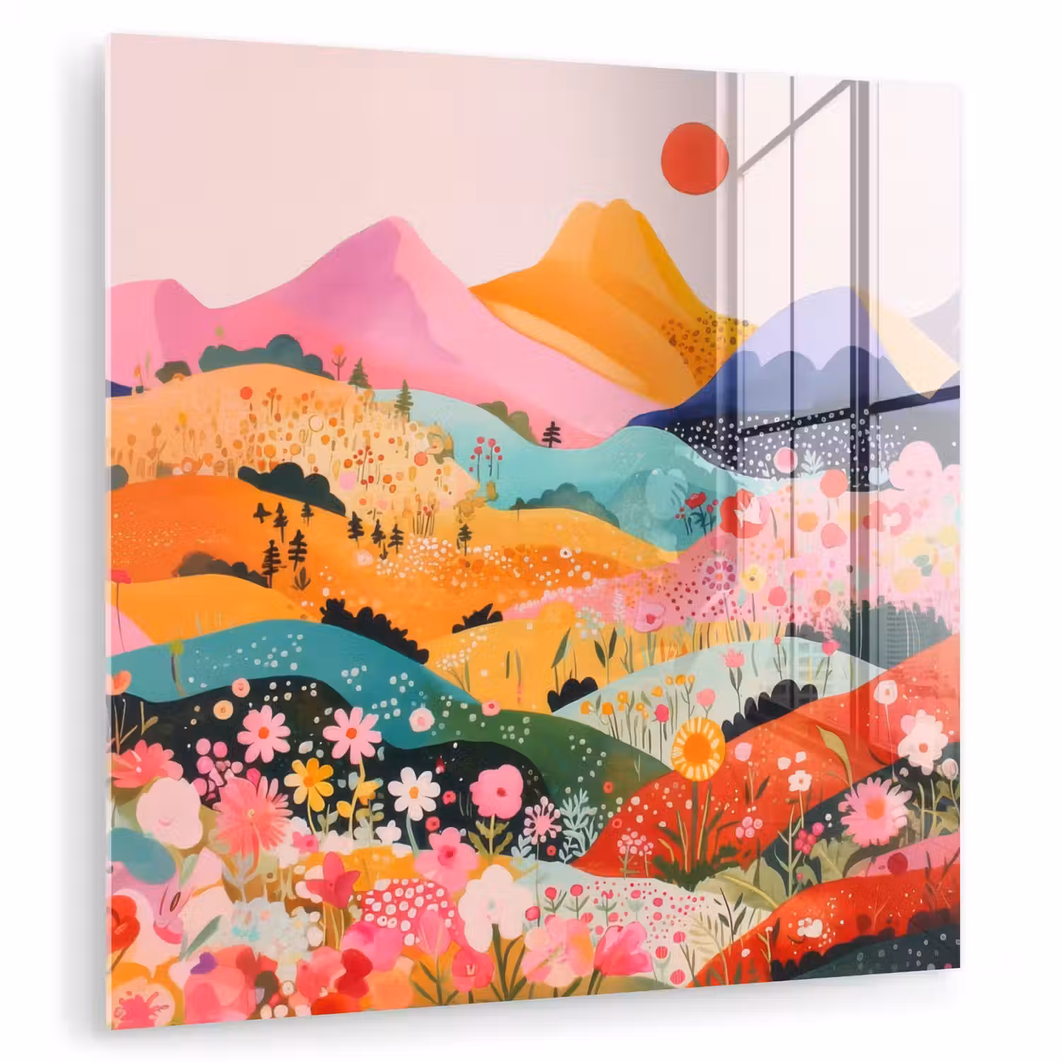 Kleurrijke bloemen - Bergen - Fantasielandschap plexiglas 5mm klein -zzzproduct_nieuw