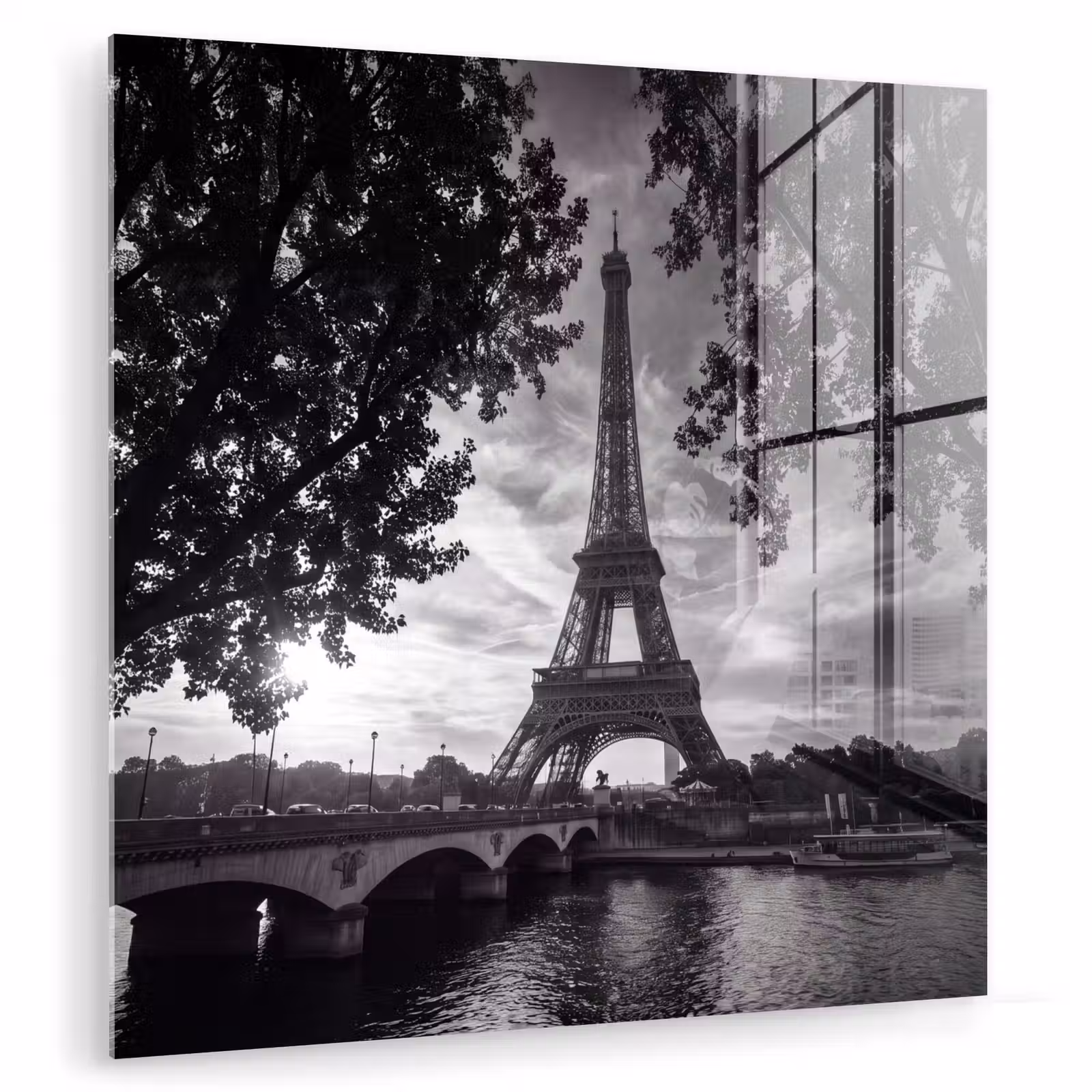 Glasbild - Eiffelturm – Paris – Fluss – Architektur – Schwarz-Weiß - Eiffeltoren - Parijs - Rivier - Architectuur - Zwart-wit plexiglas 5mm klein