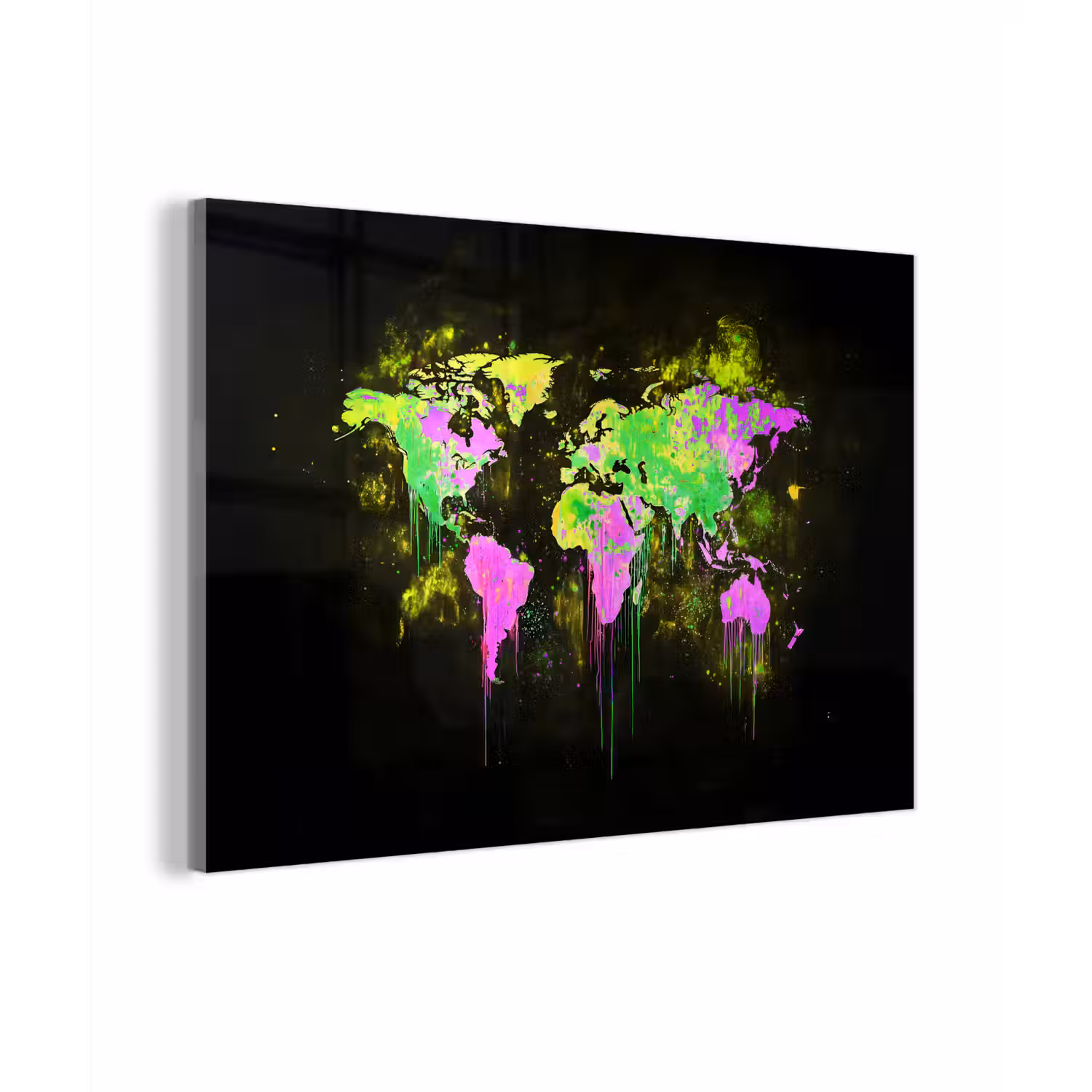 Fluorescerend - Wereldkaart - Druipen - Verf plexiglas 5mm klein -zzzproduct_nieuw