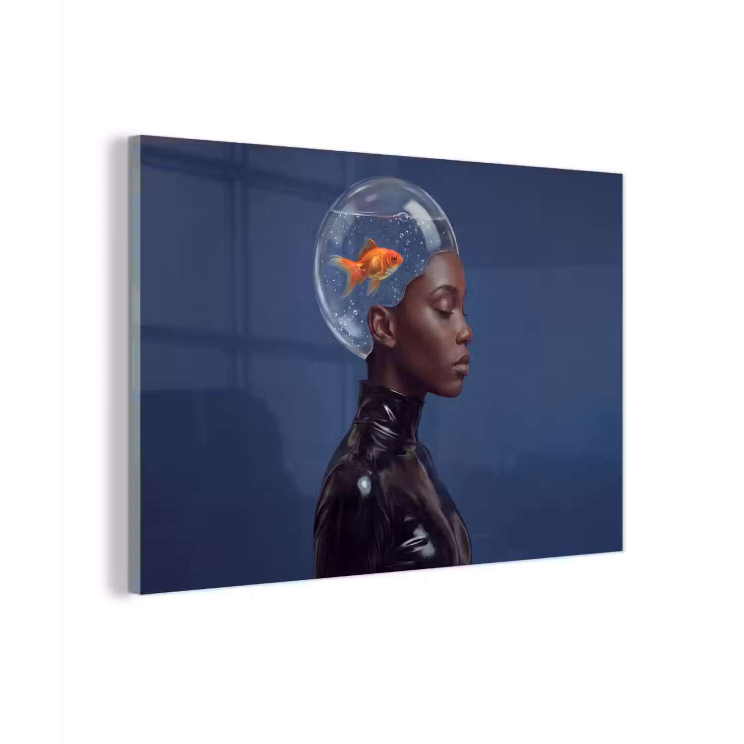 Vrouw - Goudvis - Hoofd - Abstract - Blauw plexiglas 5mm klein -zzzproduct_nieuw