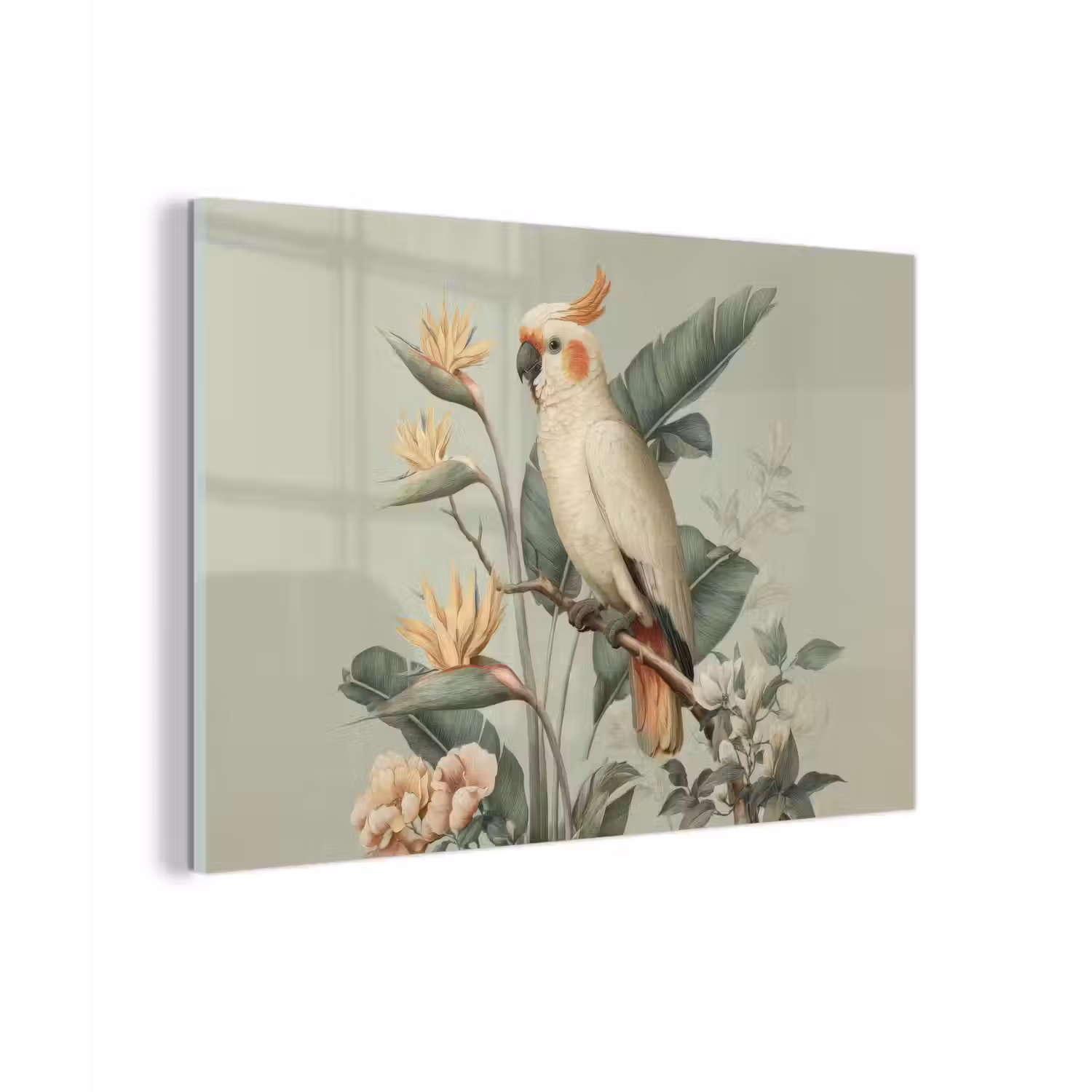 Gele kuifkaketoe - paradijsvogelbloemen - Groen plexiglas 5mm klein -zzzproduct_nieuw