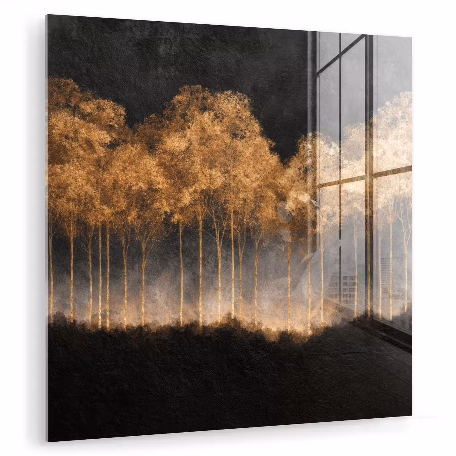 Gouden Bomen in Mistig Landschap plexiglas 5mm klein -zzzproduct_nieuw