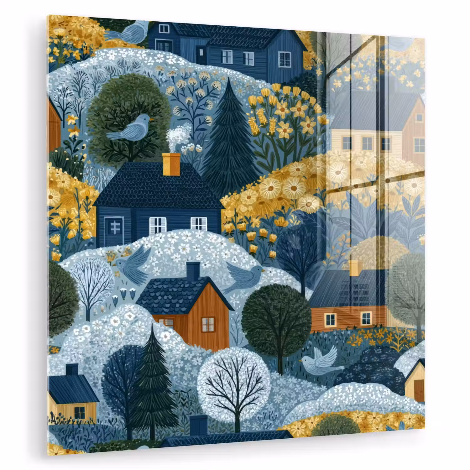 Huisjes - Bloemen - Patroon - Geel - Blauw plexiglas 5mm klein 11 -zzzproduct_nieuw