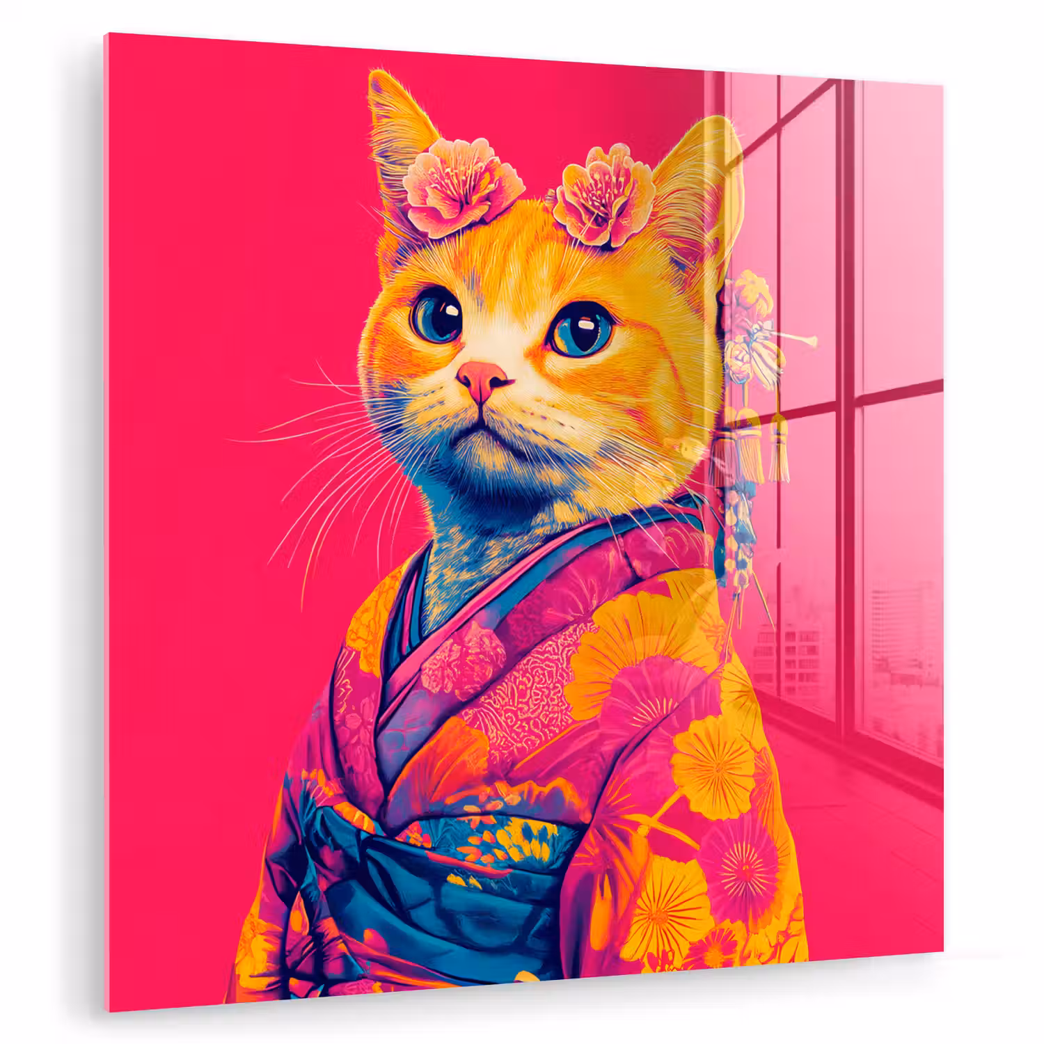 Kat - Kimono - Bloemen - Roze plexiglas 5mm klein -zzzproduct_nieuw