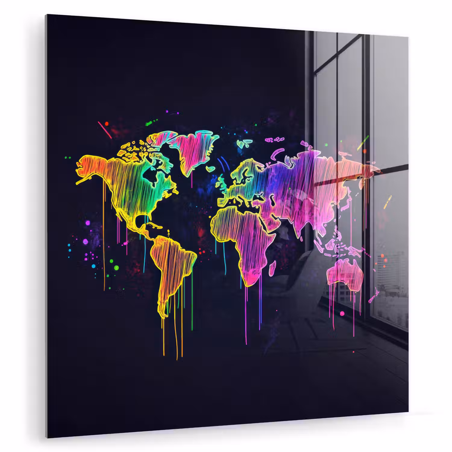 Neon - Wereldkaart - Kleur - Drip plexiglas 5mm klein -zzzproduct_nieuw