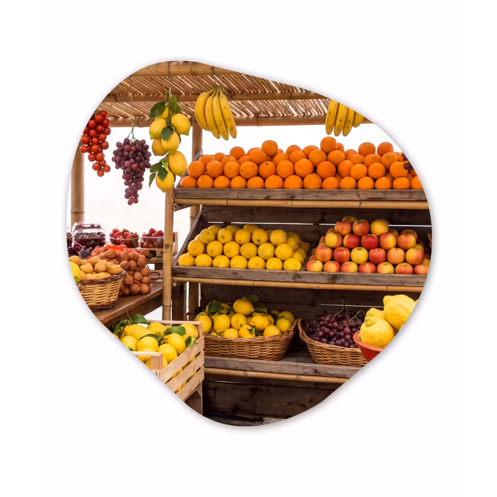 Glasbild Organische Form - Marktstand – Obst – Frisch - Marktkraam - Fruit - Vers Wandcirkel Organisch Plexiglas middel