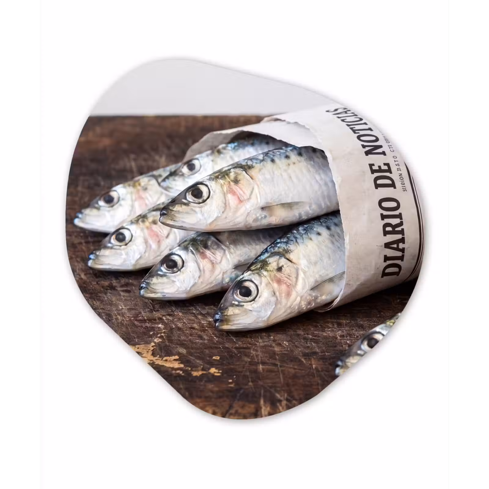 Glasbild Organische Form - Sardine – Zeitung – Schneidebrett - Sardientje - krant - snijplank Wandcirkel Organisch Plexiglas middel
