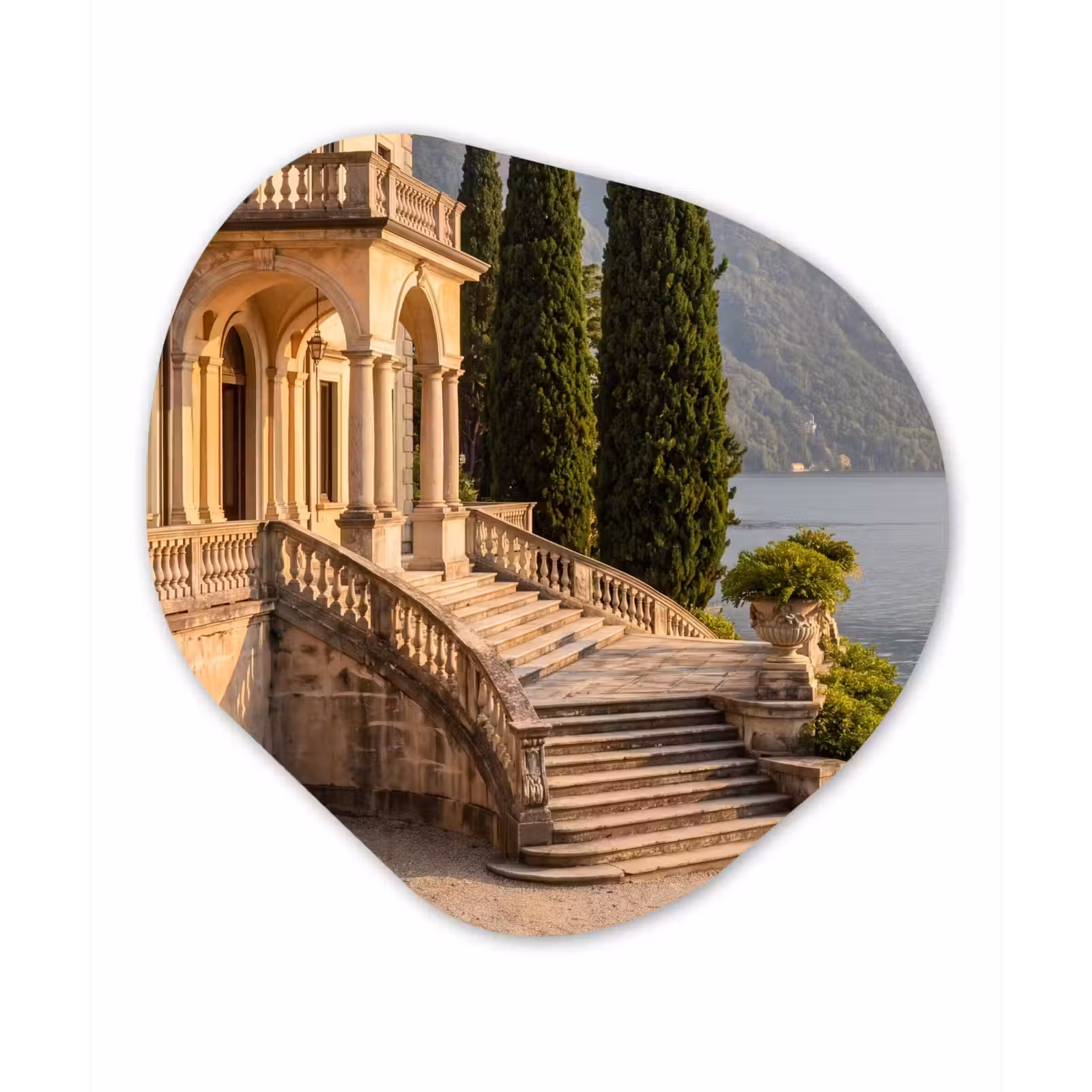 Glasbild Organische Form - Villa – Wasser – Treppen - Villa - water -trappen Wandcirkel Organisch Plexiglas middel
