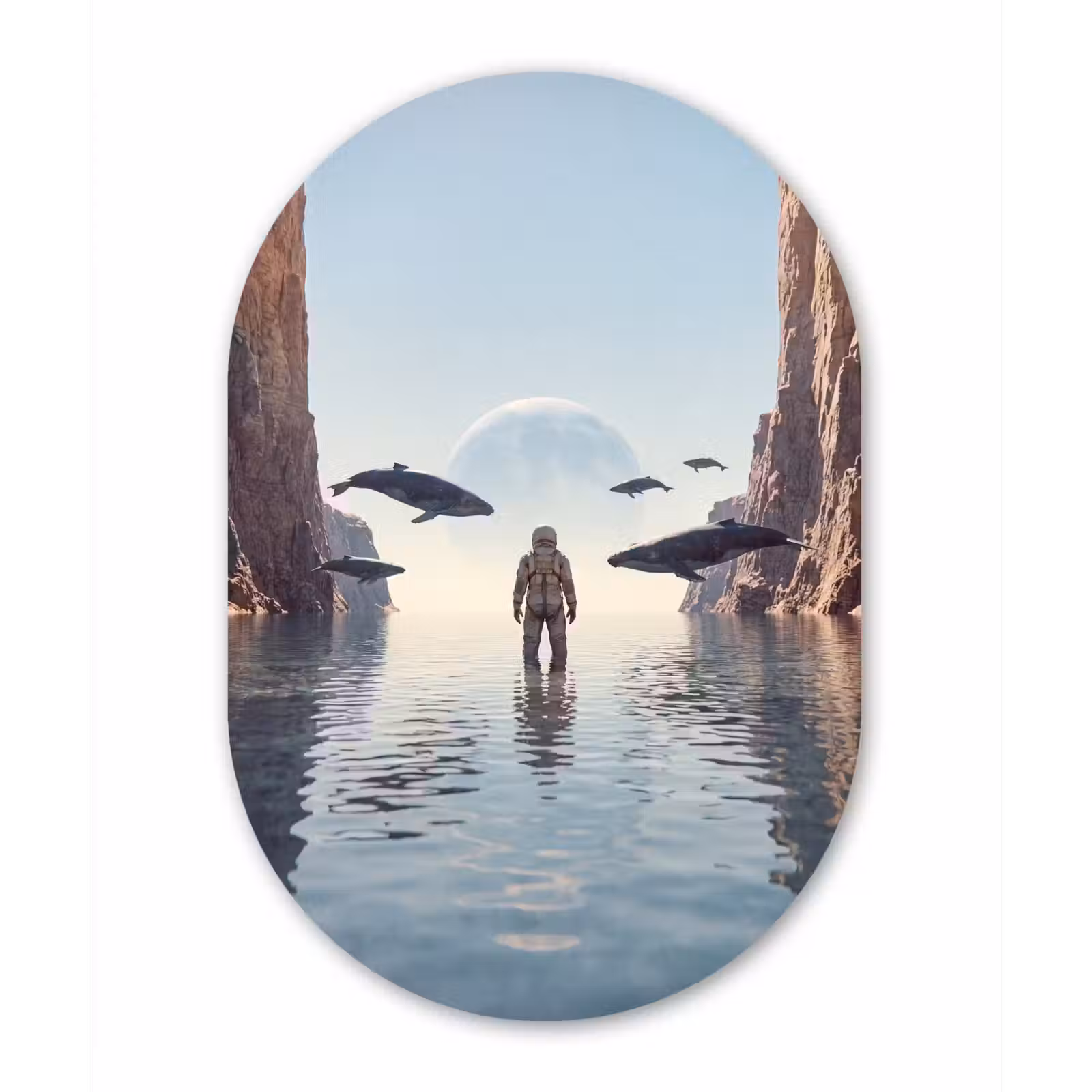 Glasbild Oval - Astronaut – Wal – Fantasie - Ruimtevaarder - Walvis - Fantasie Wandcirkel Ovaal Glas middel