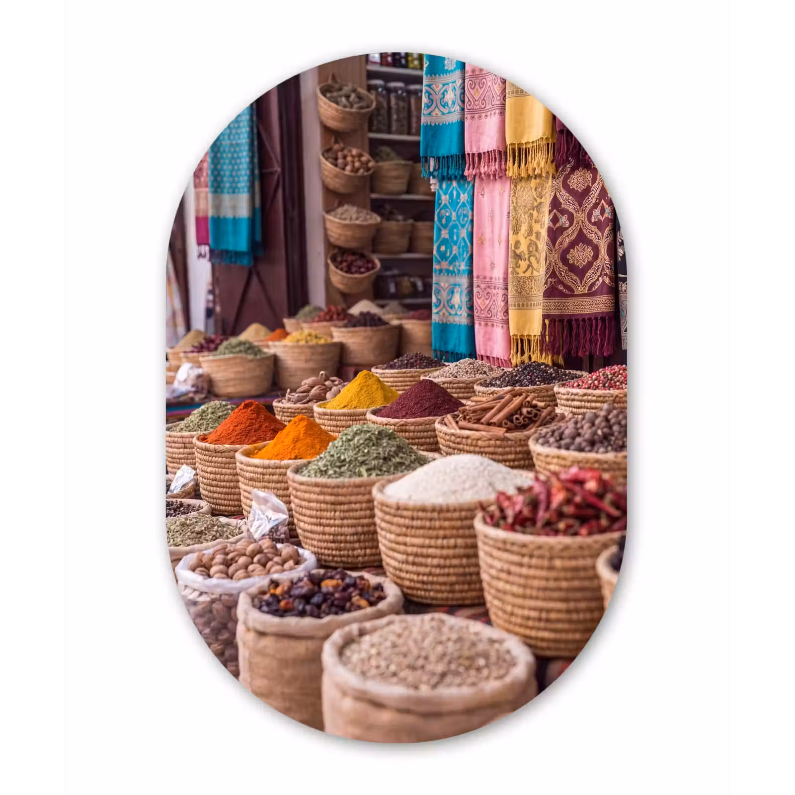 Glasbild Oval - Gewürze – Körbe – Orientalisch - Kruiden - Manden - Oosters Wandcirkel Ovaal Glas middel